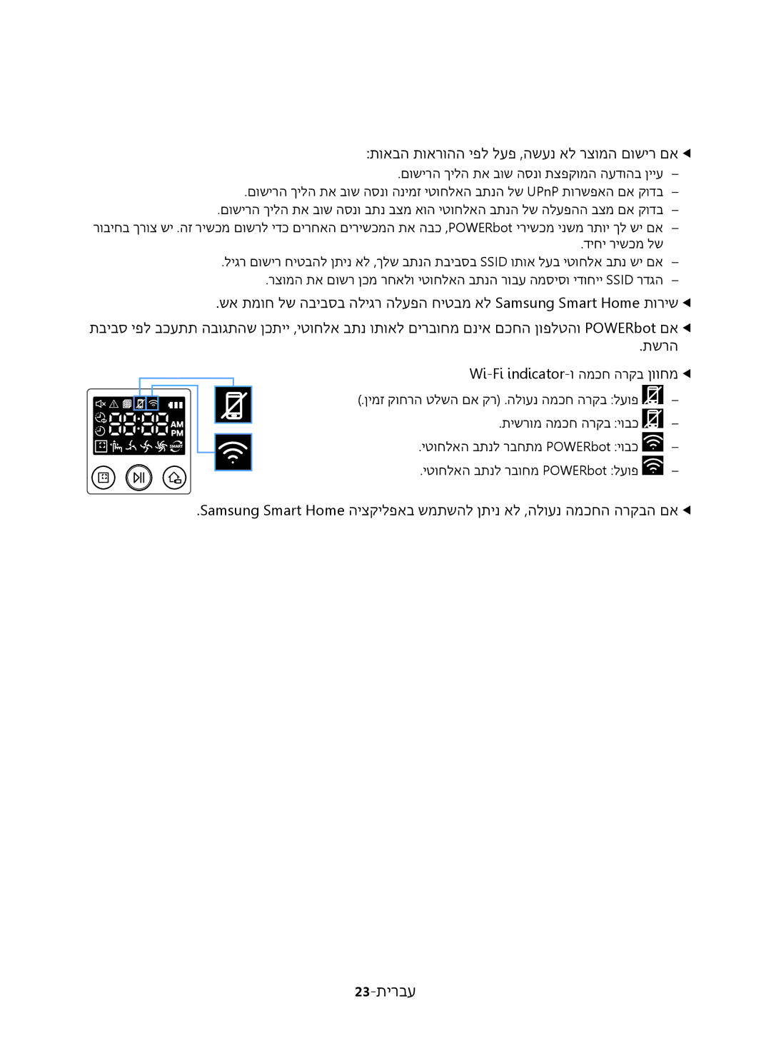 Samsung VR20K9350WK/ML 23-תירבע, תואבה תוארוהה יפל לעפ ,השענ אל רצומה םושיר םאee, Wi-Fi indicator-ו המכח הרקב ןווחמe e 