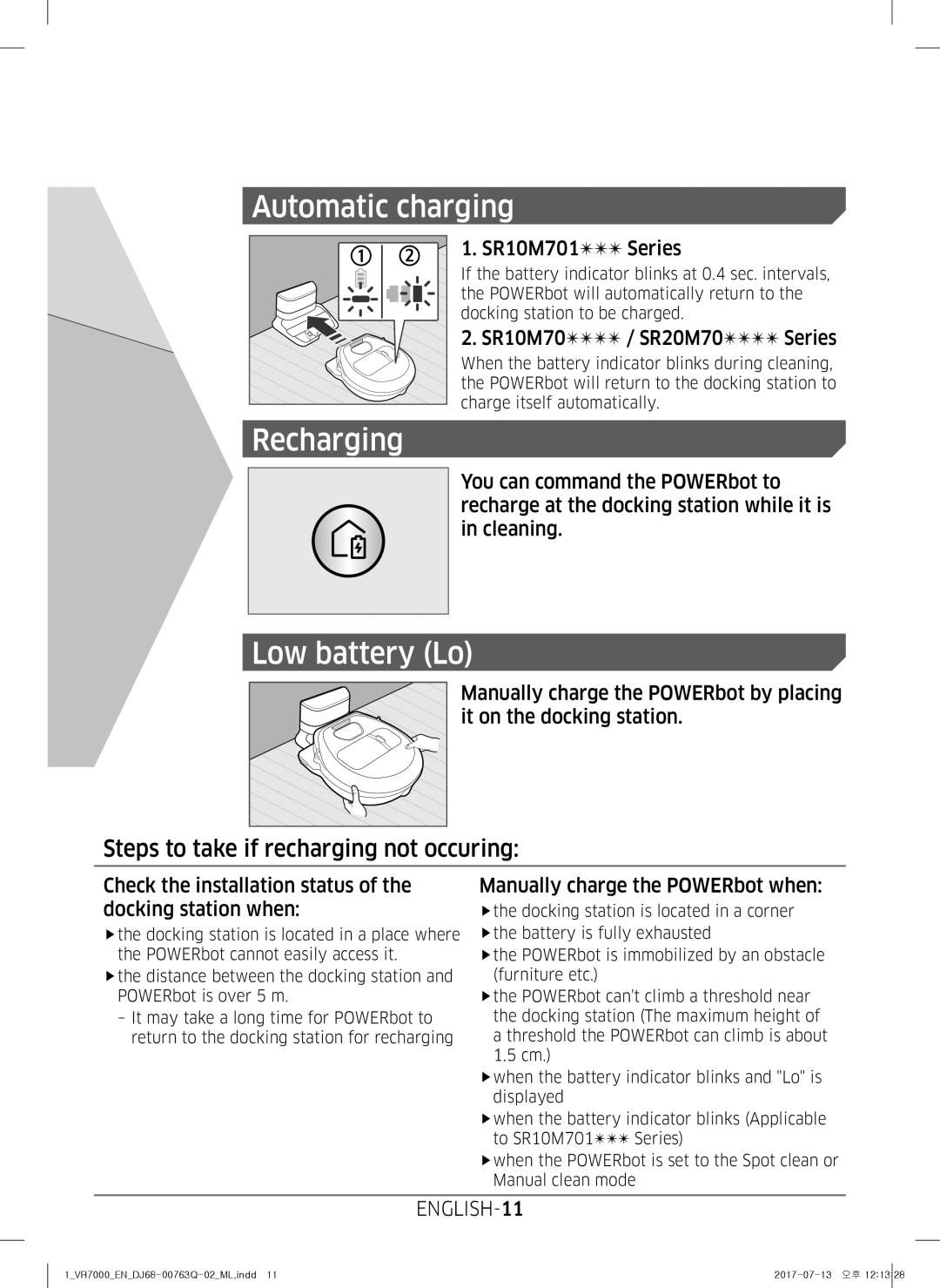 Samsung VR20M7070WD/ML manual SR10M701 Series, SR10M70 / SR20M70 Series, Manually charge the POWERbot when, ENGLISH-11 