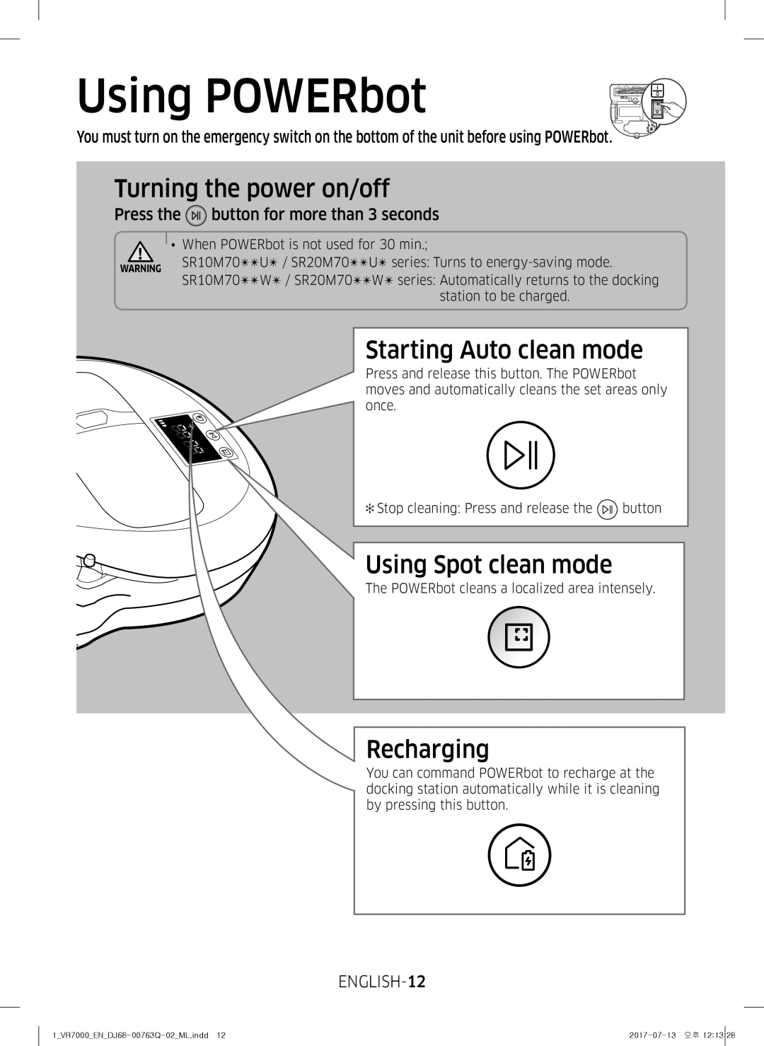 Samsung VR20M7050US/EV, VR10M7020UW/ML, VR20M7050US/ML Using POWERbot, Press the button for more than 3 seconds, ENGLISH-12 