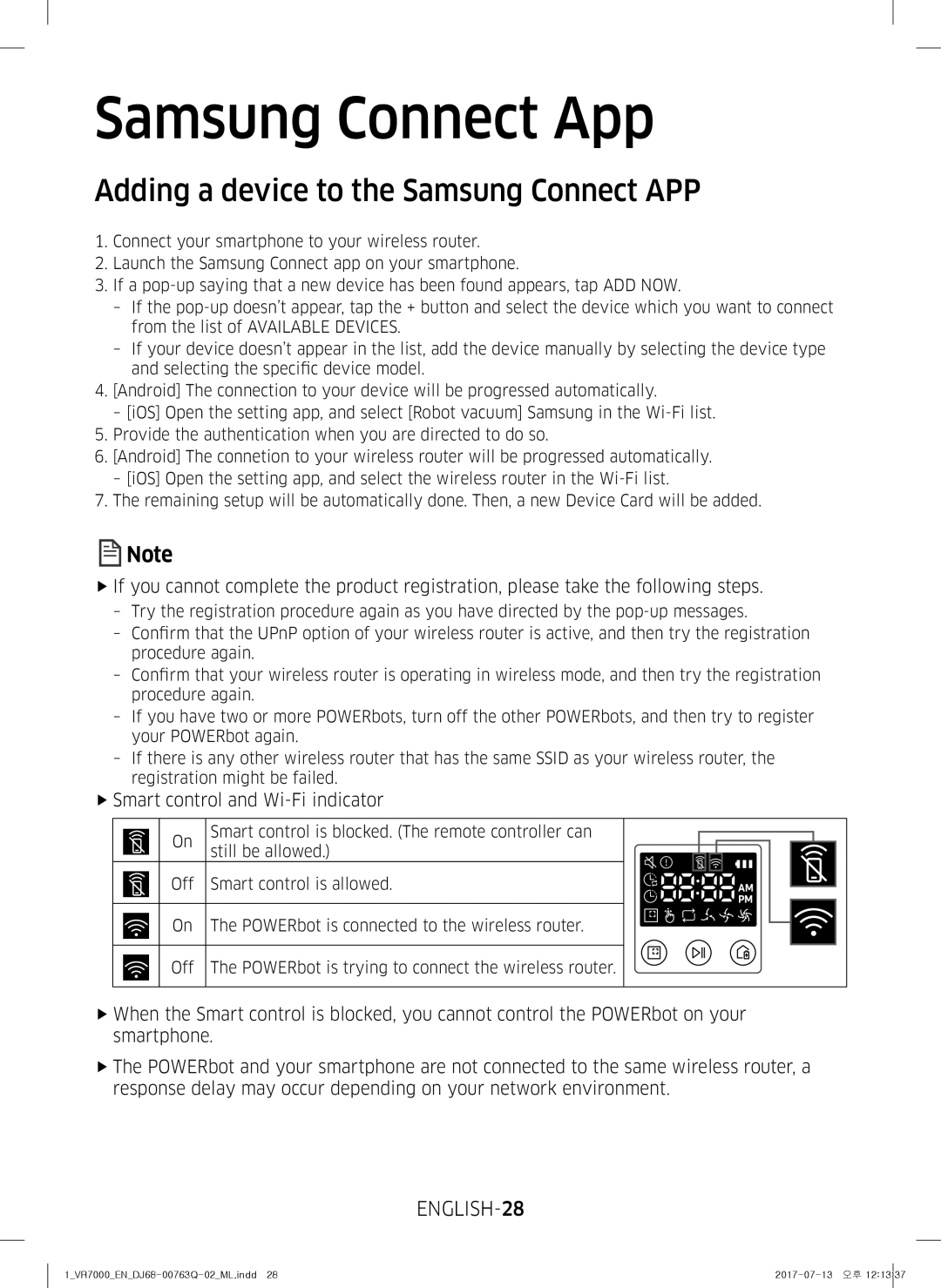 Samsung VR20M7070WD/EV, VR20M7050US/EV, VR10M7020UW/ML, VR20M7050US/ML manual ENGLISH-28, FfSmart control and Wi-Fi indicator 