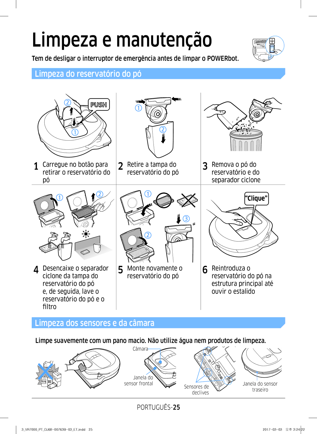 Samsung VR20M706TWD/ET Limpeza e manutenção, Limpeza do reservatório do pó, Limpeza dos sensores e da câmara, PORTUGUÊS-25 