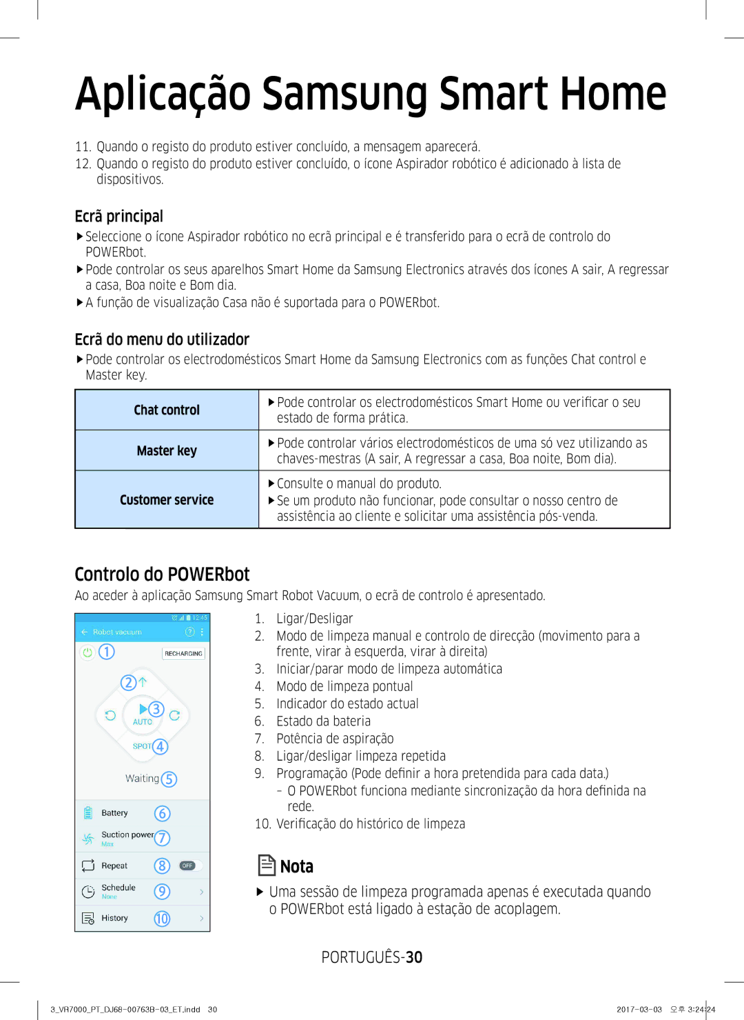 Samsung VR20M707IWS/ET, VR20M706TWD/ET manual Controlo do POWERbot, Ecrã principal, Ecrã do menu do utilizador, PORTUGUÊS-30 