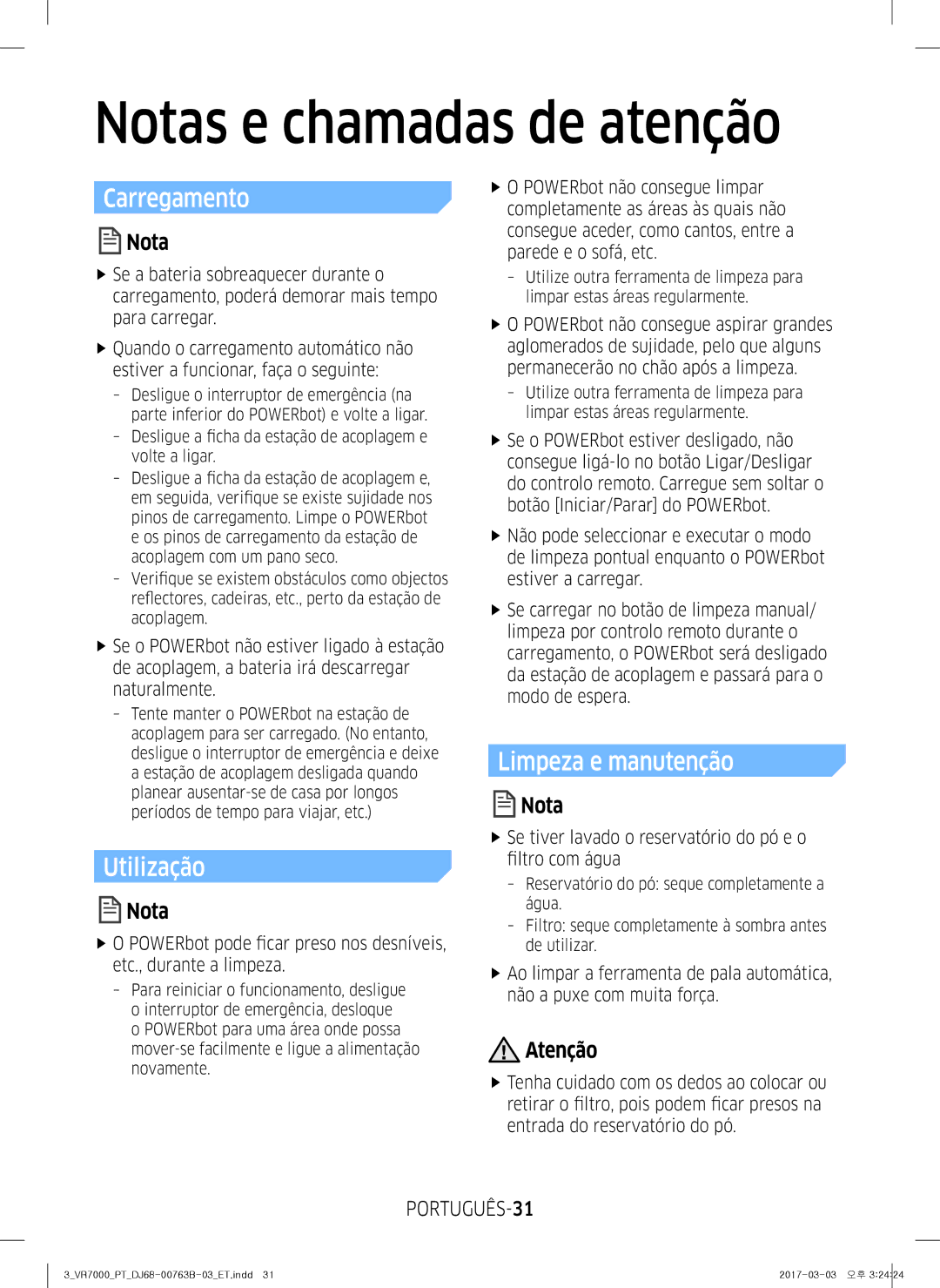 Samsung VR10M702TUB/ET manual Notas e chamadas de atenção, Carregamento, Utilização, Limpeza e manutenção, PORTUGUÊS-31 