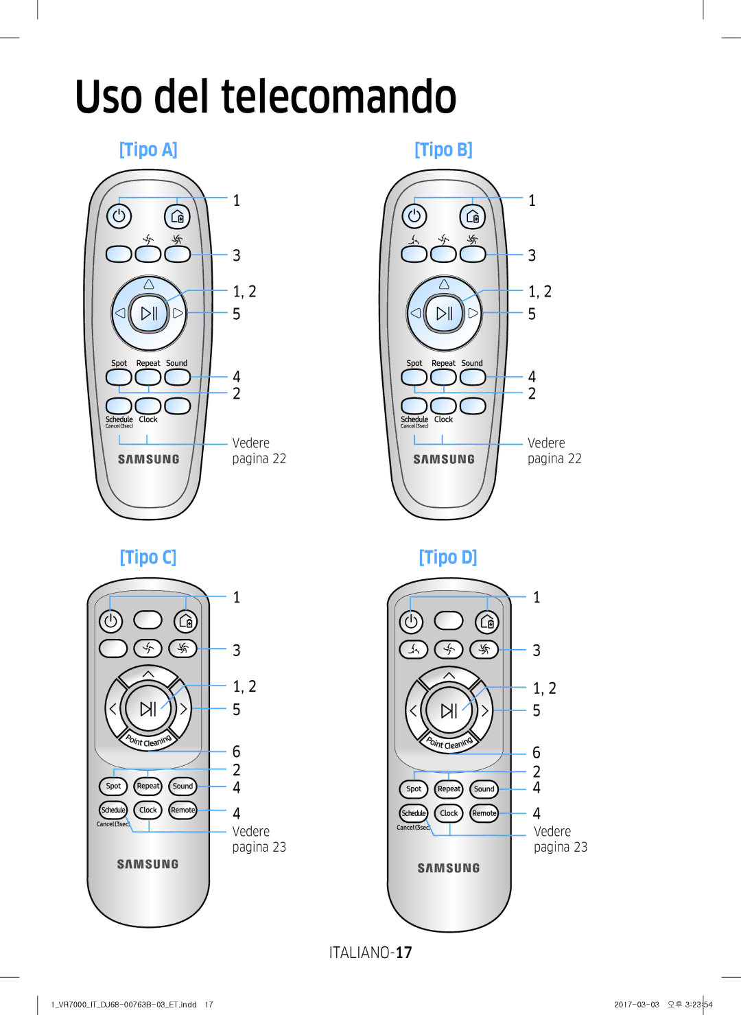 Samsung VR10M701TUG/ET, VR20M706TWD/ET, VR10M703IWG/ET, VR10M701IUW/ET manual Uso del telecomando, ITALIANO-17, Vedere pagina 