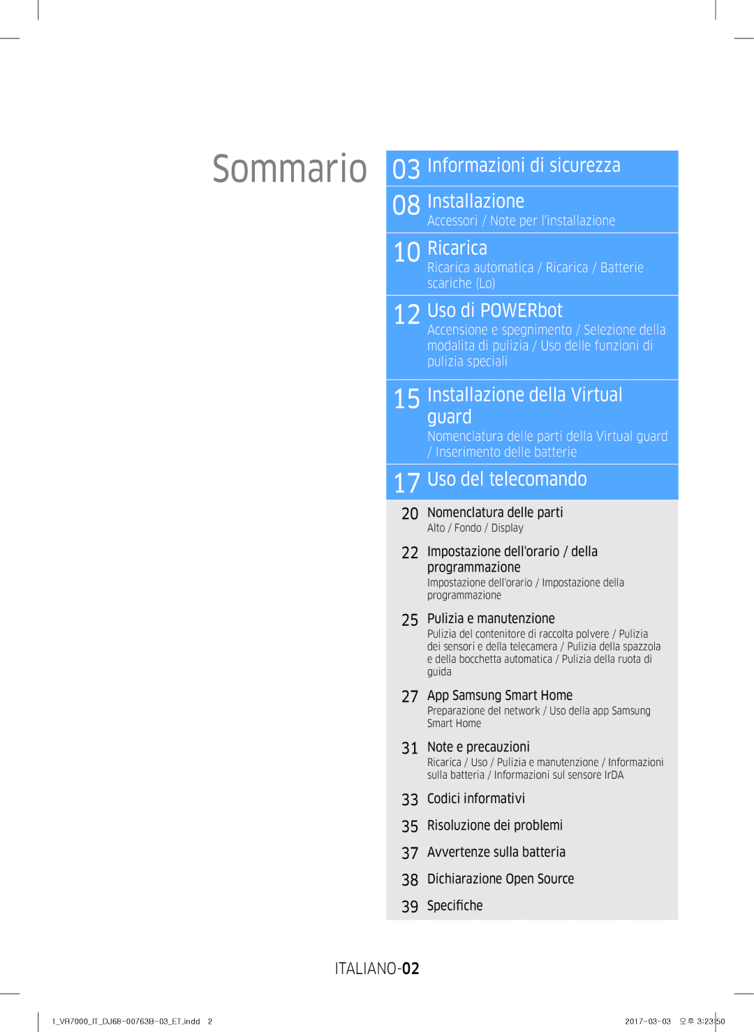 Samsung VR10M701IUW/ET manual ITALIANO-02, Nomenclatura delle parti, Impostazione dellorario / della Programmazione 