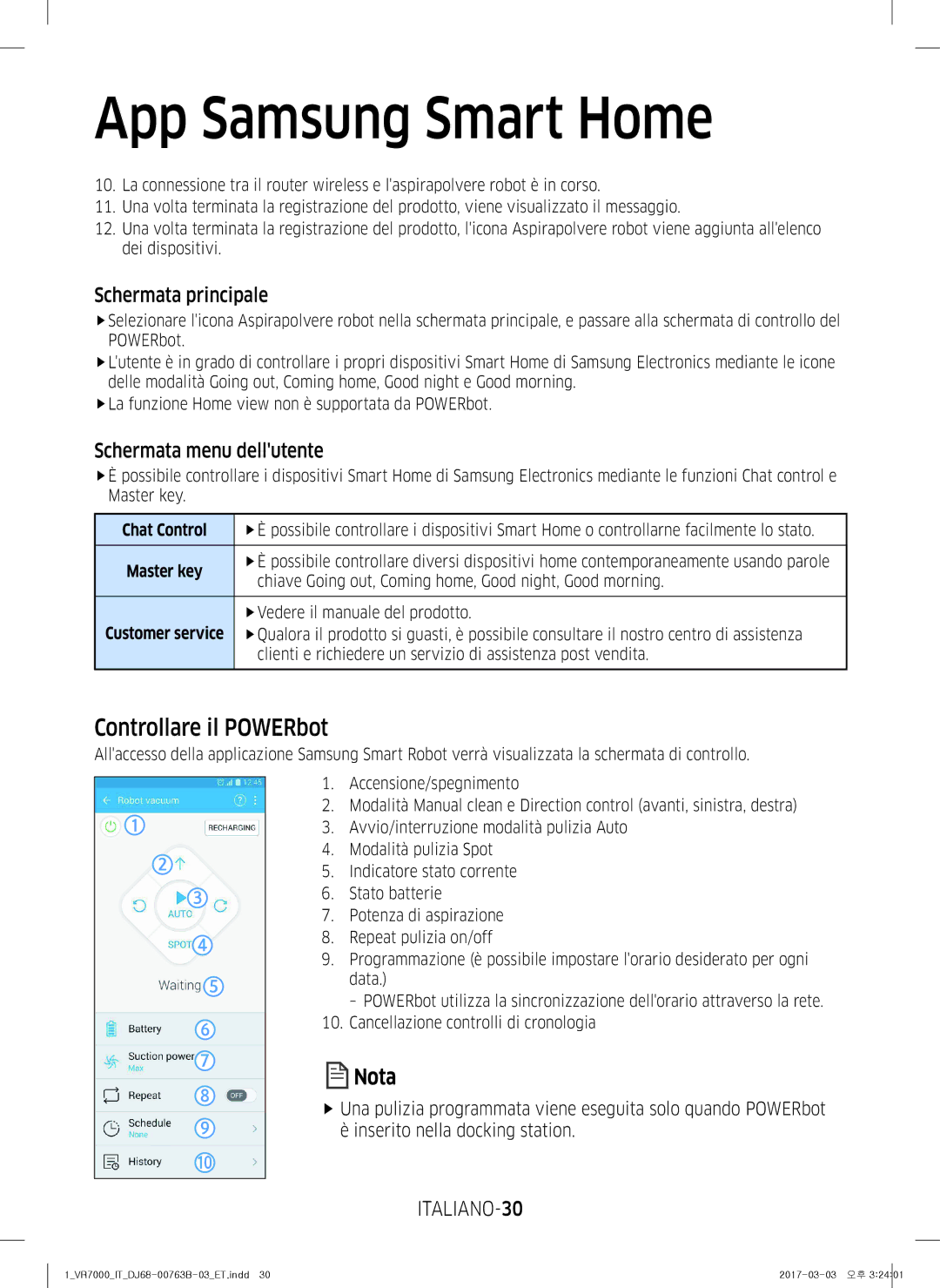 Samsung VR10M701IUW/ET Controllare il POWERbot, Schermata principale, Schermata menu dellutente, ITALIANO-30, Chat Control 