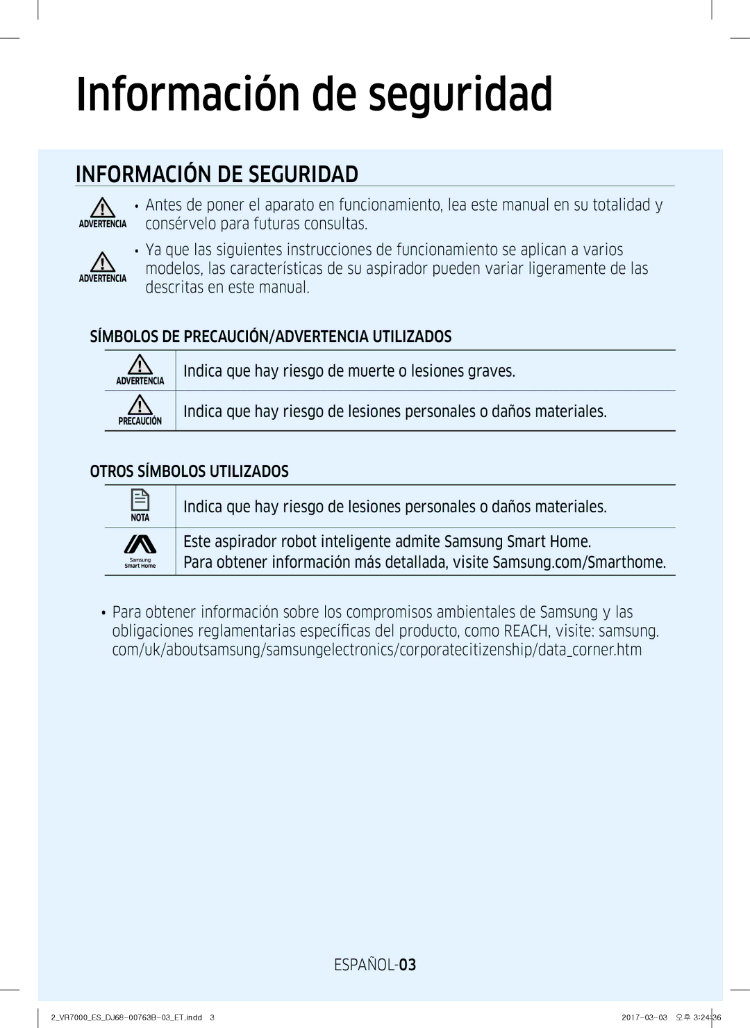 Samsung VR10M703IWG/ET Información de seguridad, Símbolos DE PRECAUCIÓN/ADVERTENCIA Utilizados, Otros Símbolos Utilizados 