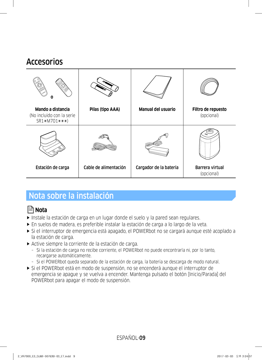 Samsung VR20M706TWD/ET, VR10M703IWG/ET, VR10M701IUW/ET Accesorios, Nota sobre la instalación, ESPAÑOL-09, Mando a distancia 