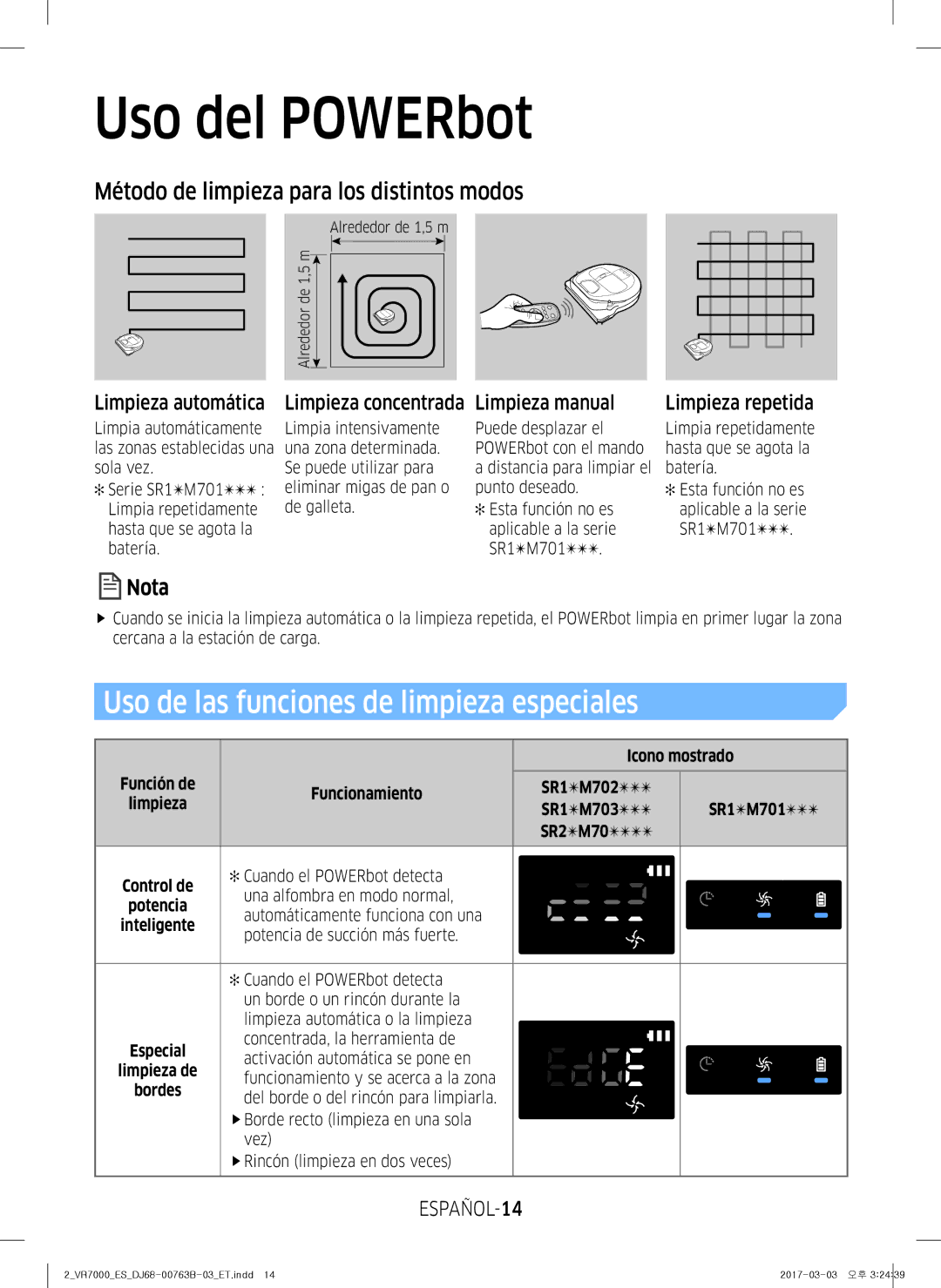 Samsung VR20M707IWS/ET Limpieza automática Limpieza concentrada Limpieza manual, ESPAÑOL-14, Limpieza repetida 