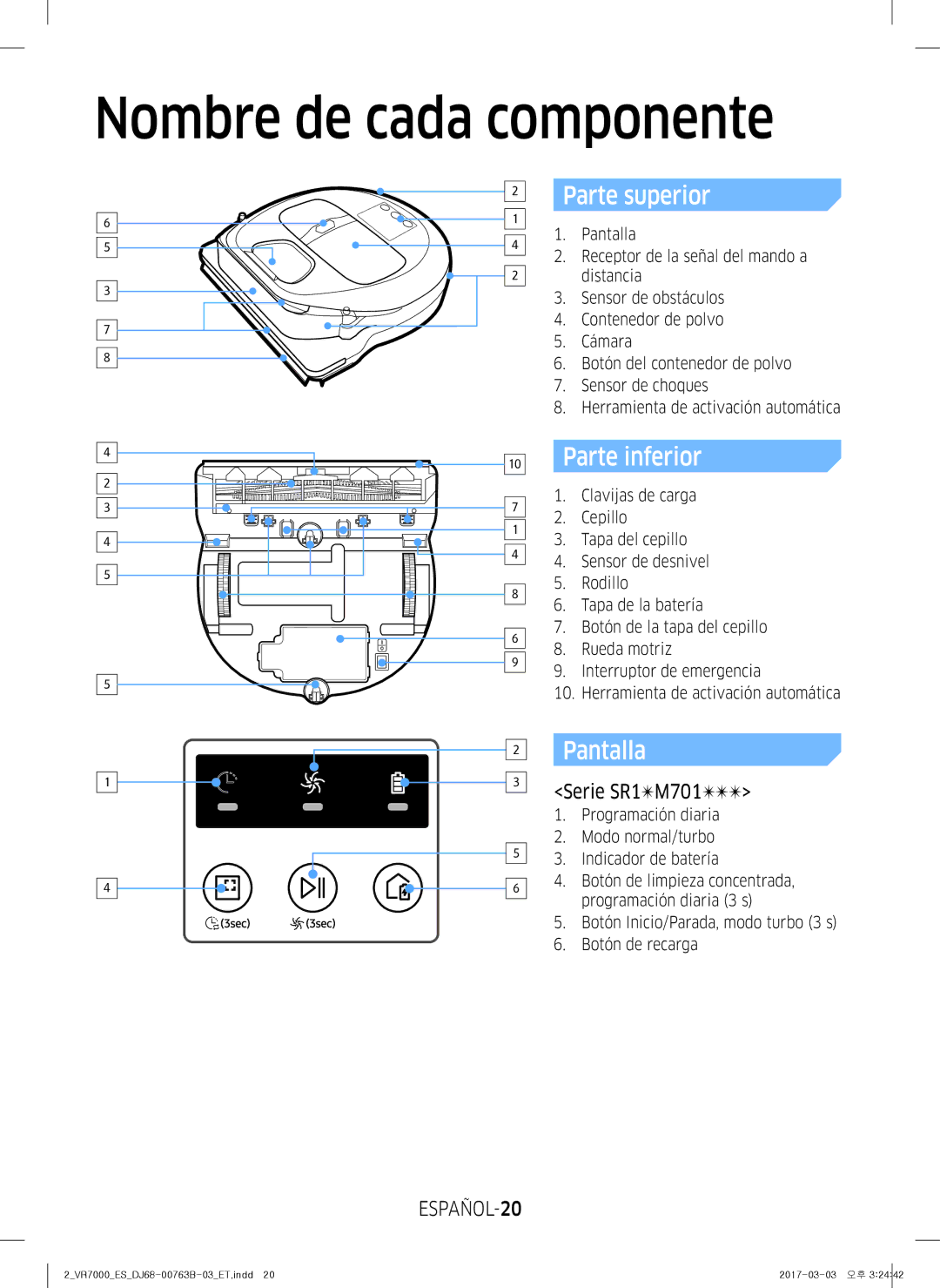 Samsung VR2DM704IUU/ET, VR20M706TWD/ET Nombre de cada componente, Parte superior, Parte inferior, Pantalla, ESPAÑOL-20 