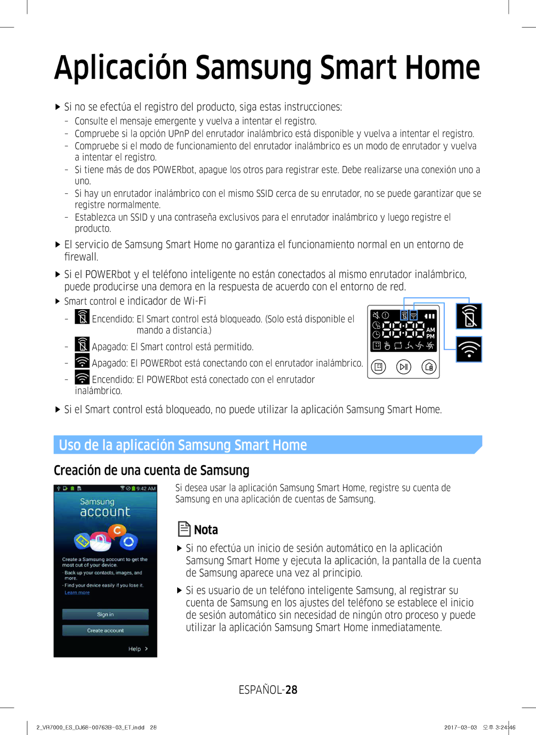 Samsung VR20M707IWS/ET manual Uso de la aplicación Samsung Smart Home, Creación de una cuenta de Samsung, ESPAÑOL-28 