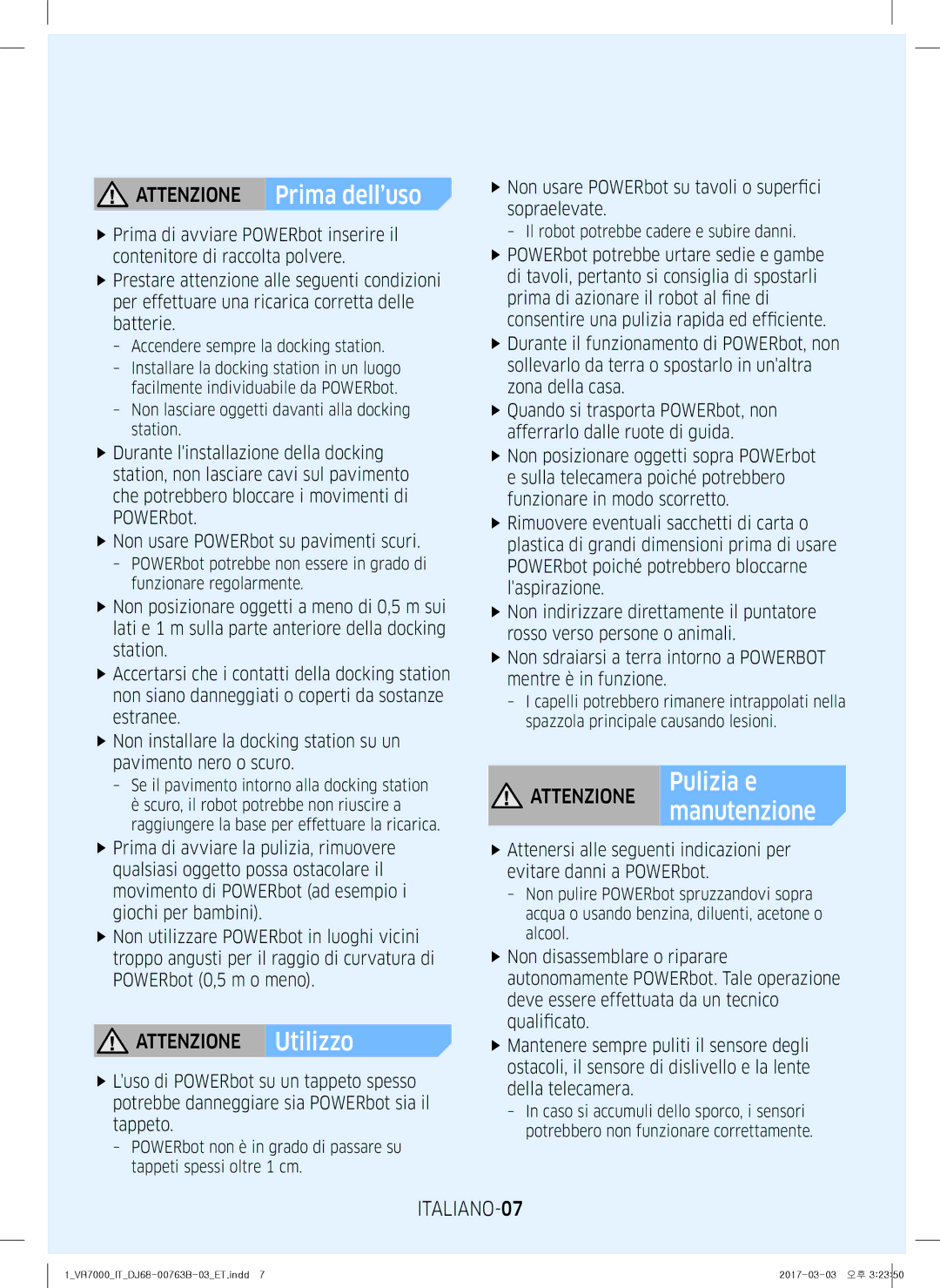 Samsung VR20M706TWD/ET, VR10M703IWG/ET, VR10M701IUW/ET manual Attenzione Prima dell’uso, Attenzione Utilizzo, ITALIANO-07 