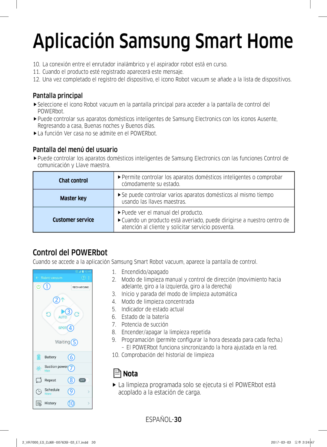 Samsung VR20M706TWD/ET, VR10M703IWG/ET Control del POWERbot, Pantalla principal, Pantalla del menú del usuario, ESPAÑOL-30 