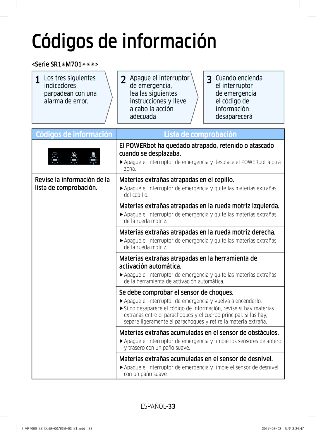 Samsung VR10M701TUG/ET, VR20M706TWD/ET, VR10M703IWG/ET, VR10M701IUW/ET, VR2DM704IUU/ET Códigos de información, ESPAÑOL-33 