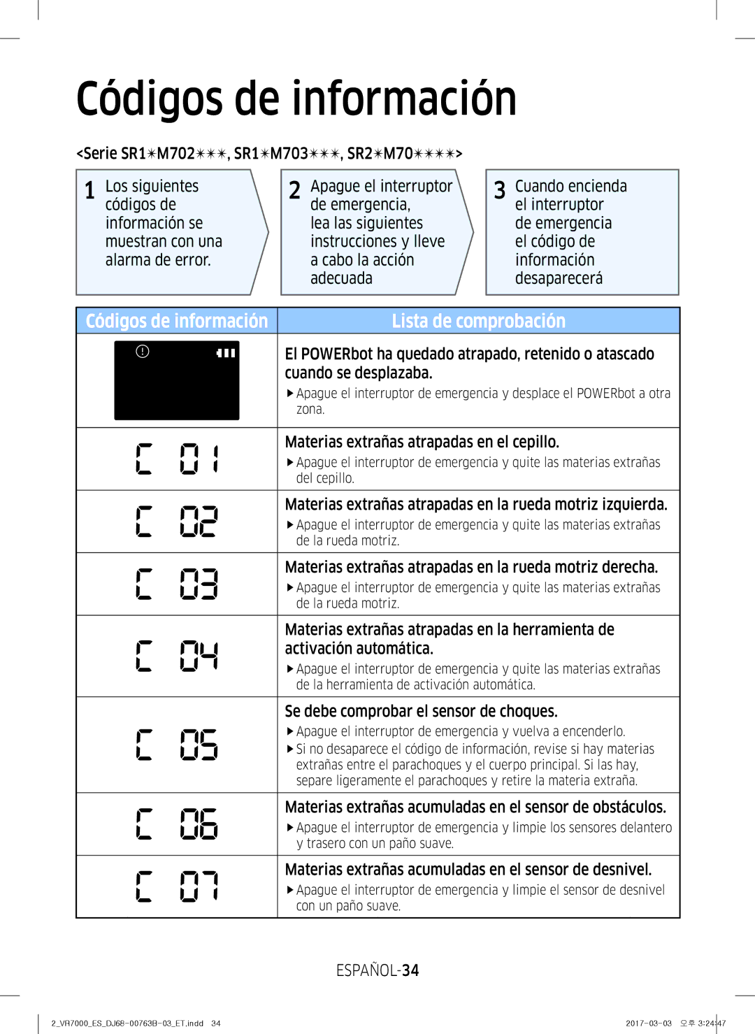 Samsung VR2DM704IUU/ET, VR20M706TWD/ET, VR10M703IWG/ET, VR10M701IUW/ET, VR10M701TUG/ET, VR20M707IWS/ET manual ESPAÑOL-34 