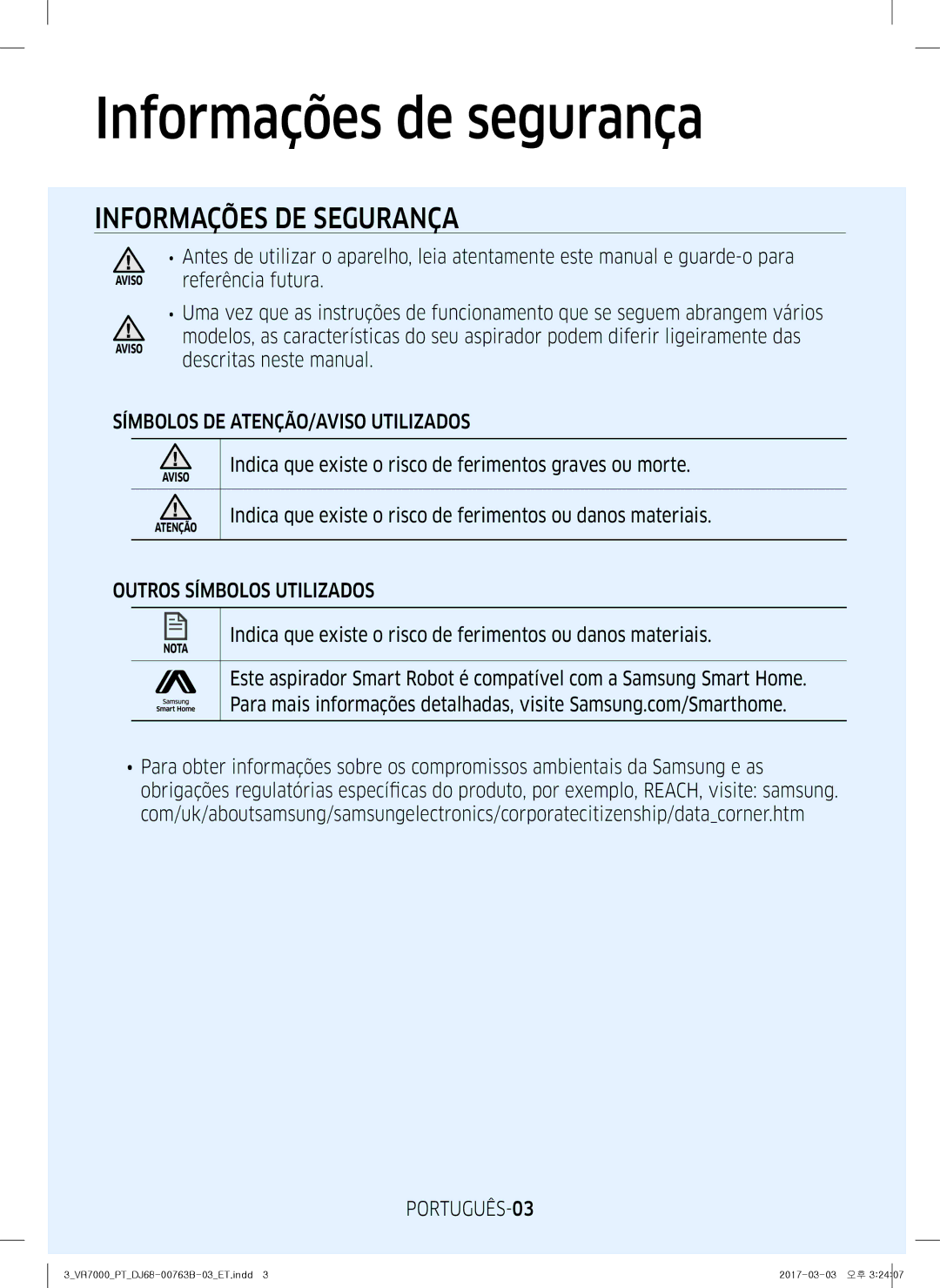 Samsung VR10M702TUB/ET manual Informações de segurança, Símbolos DE ATENÇÃO/AVISO Utilizados, Outros Símbolos Utilizados 