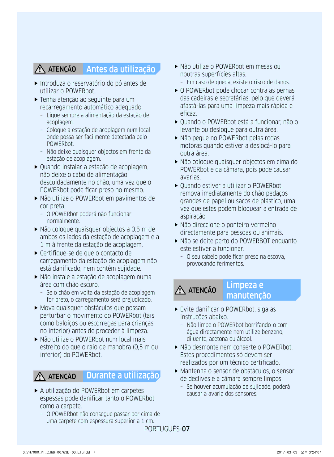 Samsung VR10M701TUG/ET, VR20M706TWD/ET manual Atenção Antes da utilização, Atenção Durante a utilização, PORTUGUÊS-07 