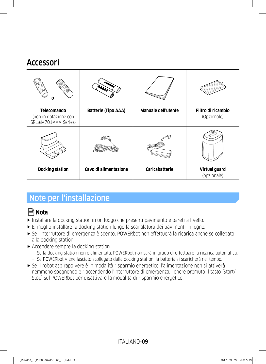 Samsung VR10M701IUW/ET manual Accessori, ITALIANO-09, Telecomando, Batterie Tipo AAA Manuale dellutente Filtro di ricambio 