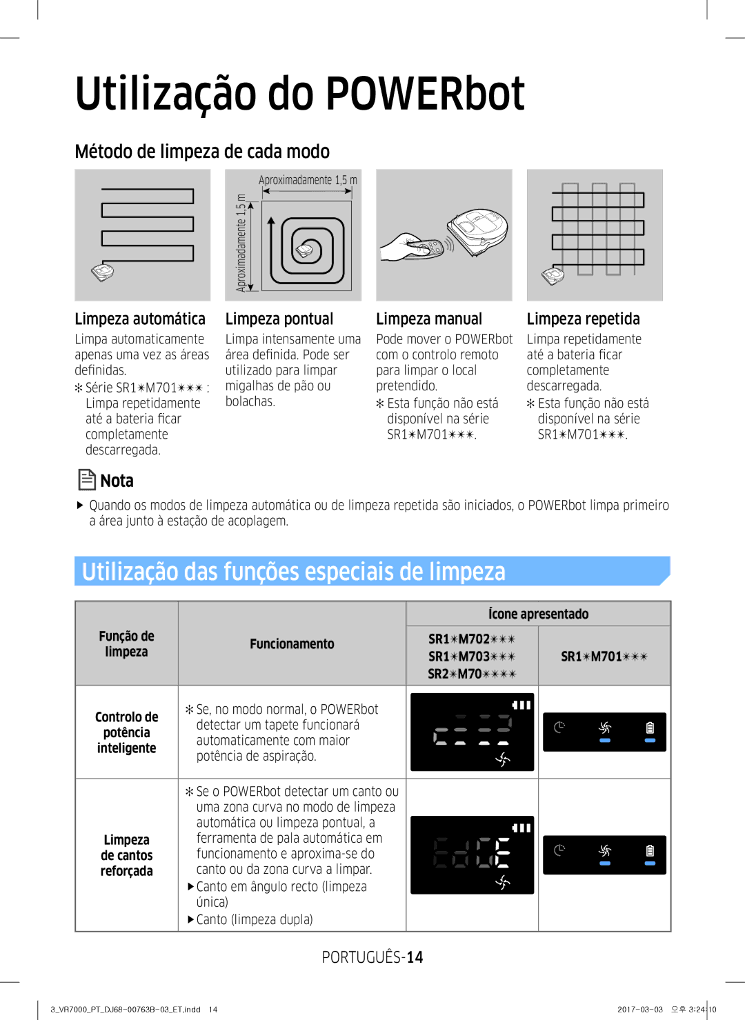 Samsung VR10M701TUG/ET manual Utilização das funções especiais de limpeza, Método de limpeza de cada modo, Limpeza repetida 