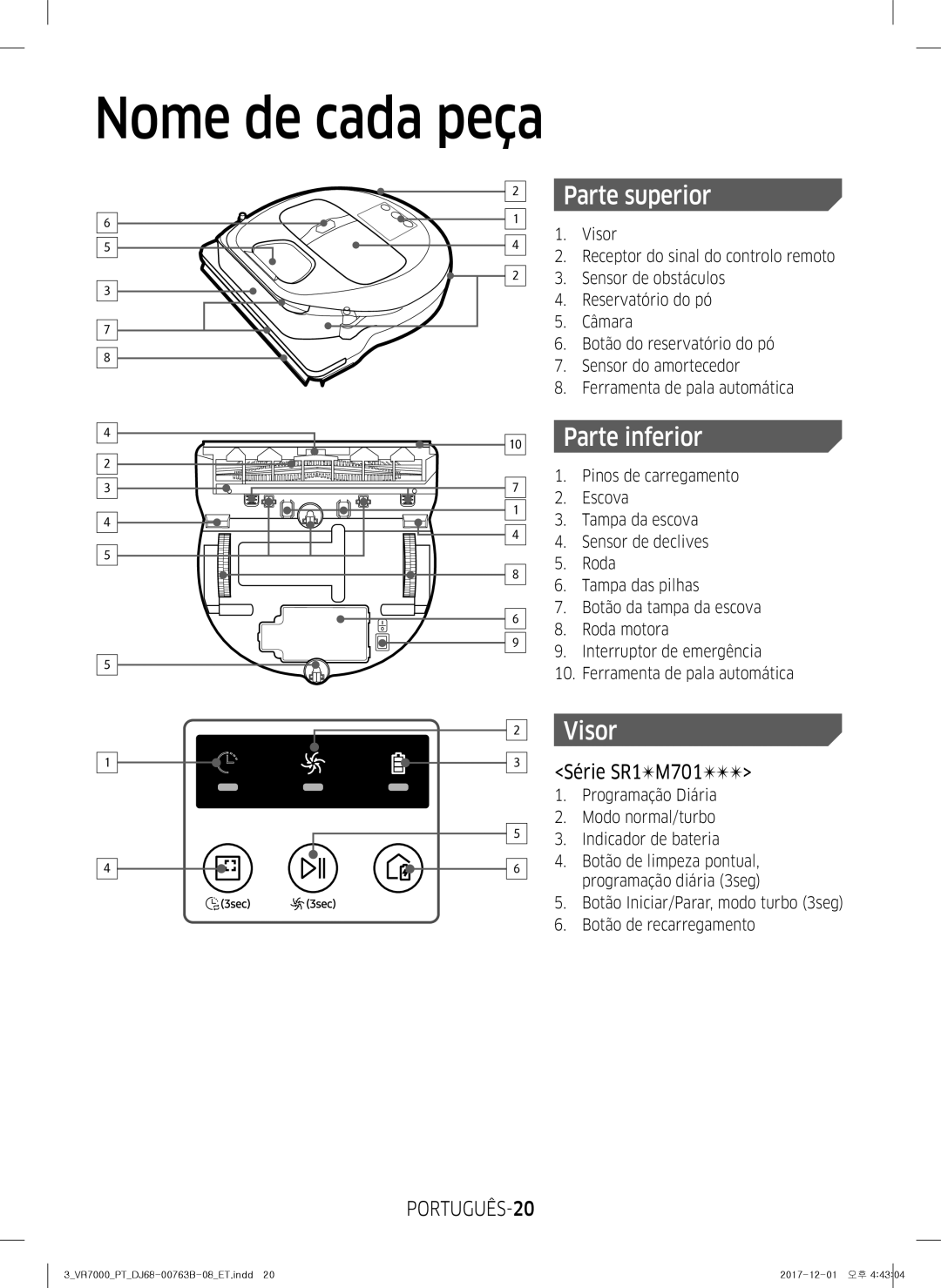 Samsung VR10M702TUB/ET, VR20M706TWD/ET Nome de cada peça, Visor, Programação Diária Modo normal/turbo Indicador de bateria 