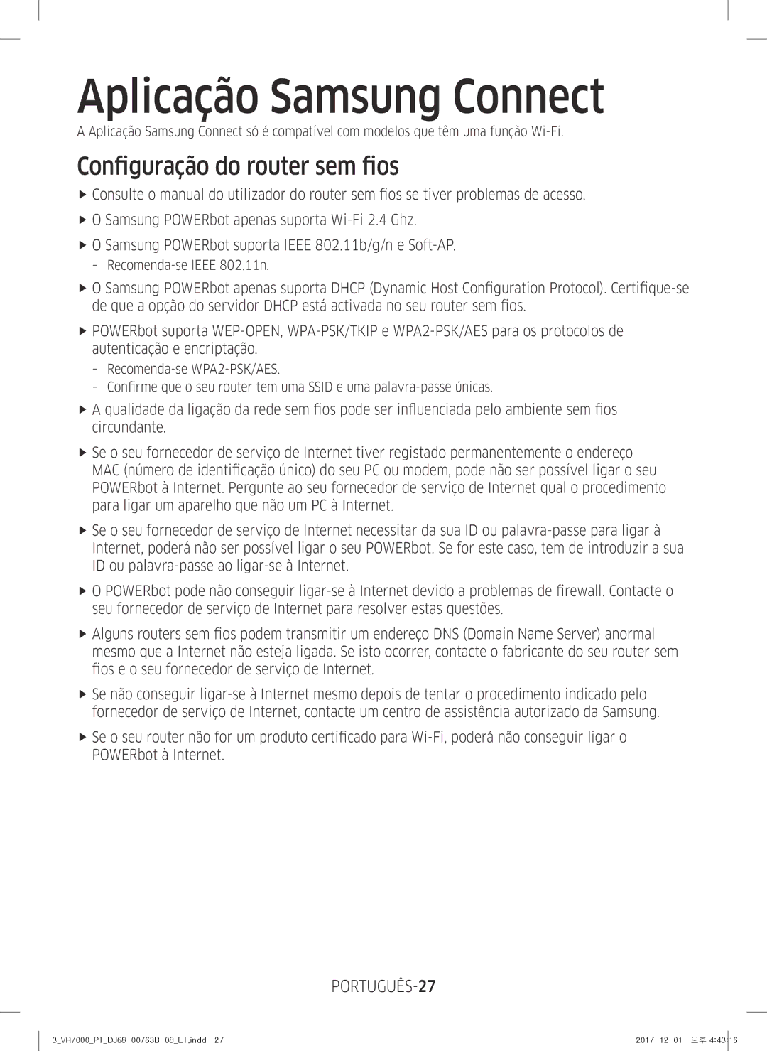 Samsung VR10M702TUB/ET Aplicação Samsung Connect, Configuração do router sem fios, PORTUGUÊS-27, Recomenda-se Ieee 802.11n 