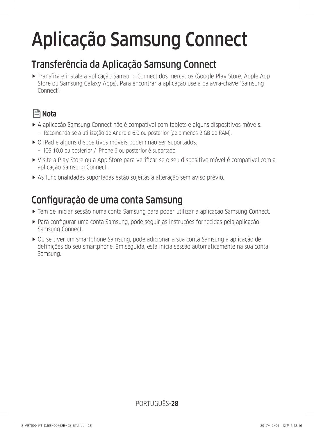 Samsung VR20M706TWD/ET manual Transferência da Aplicação Samsung Connect, Configuração de uma conta Samsung, PORTUGUÊS-28 