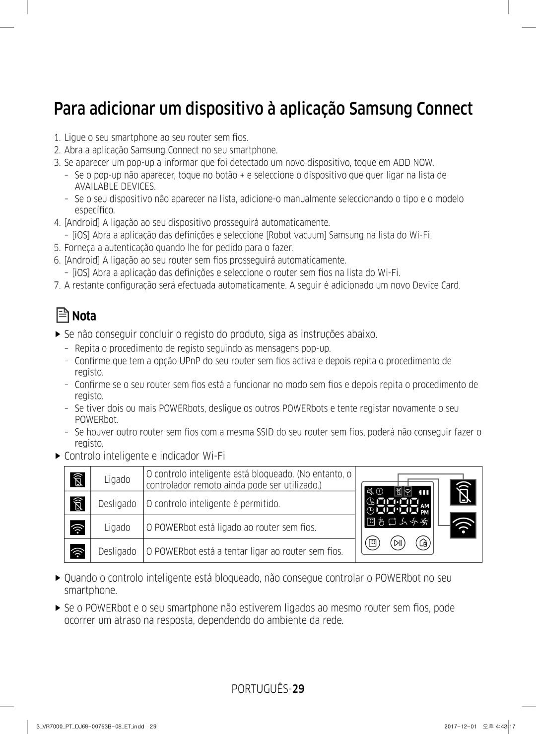 Samsung VR10M703IWG/ET, VR20M706TWD/ET manual Para adicionar um dispositivo à aplicação Samsung Connect, PORTUGUÊS-29 