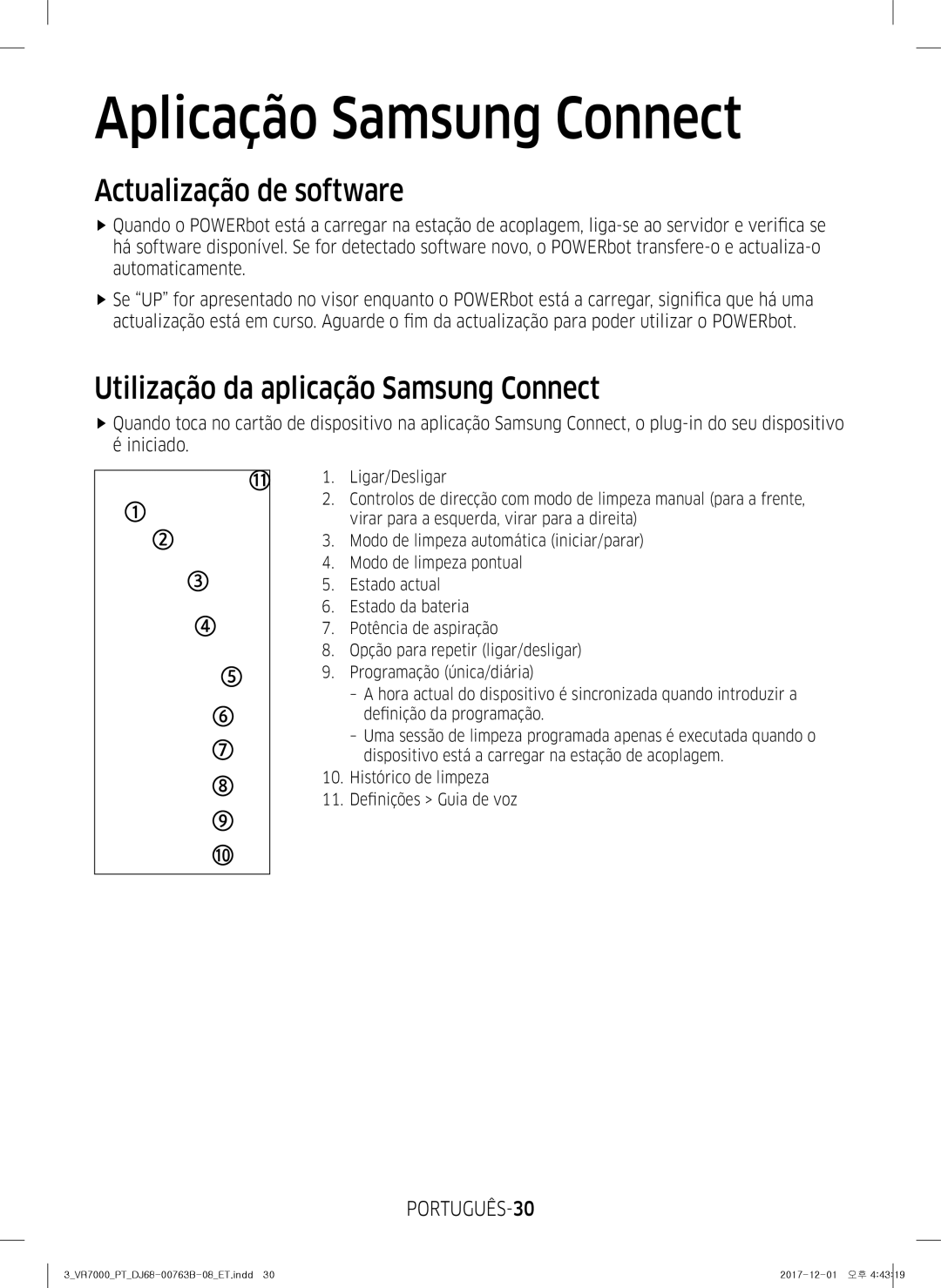 Samsung VR10M701IUW/ET, VR20M706TWD/ET Actualização de software, Utilização da aplicação Samsung Connect, PORTUGUÊS-30 