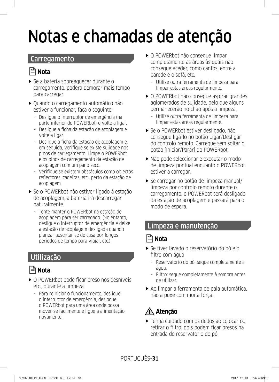 Samsung VR10M701TUG/ET manual Notas e chamadas de atenção, Carregamento, Utilização, Limpeza e manutenção, PORTUGUÊS-31 