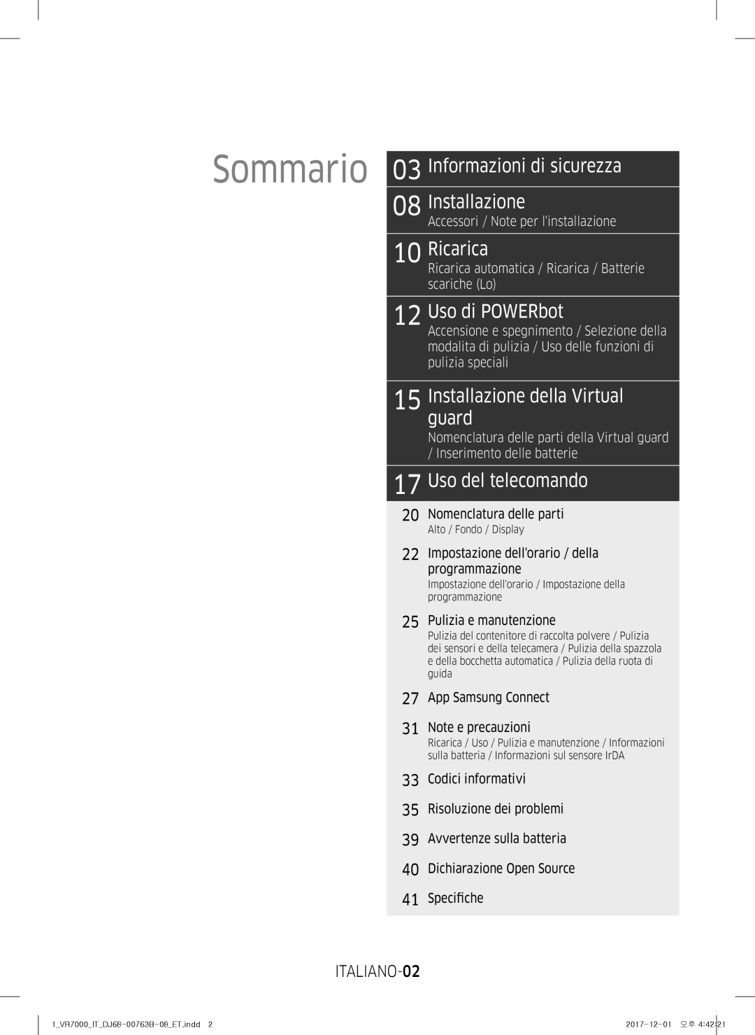 Samsung VR10M701IUW/ET manual ITALIANO-02, Nomenclatura delle parti, Impostazione dellorario / della Programmazione 