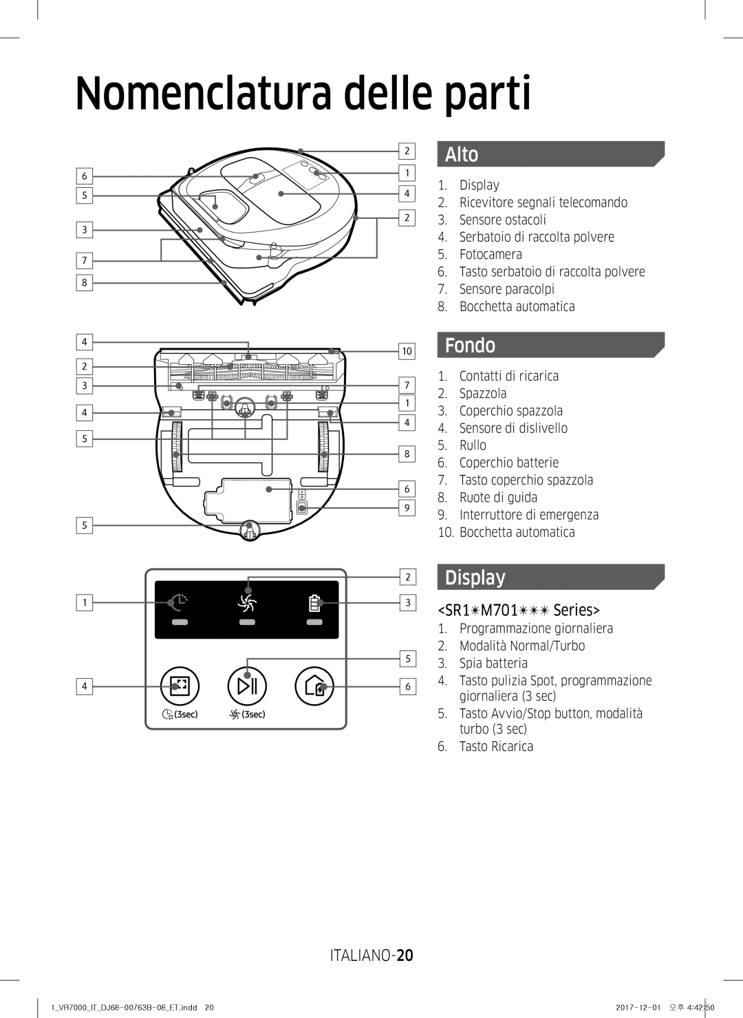 Samsung VR10M702TUB/ET, VR20M706TWD/ET, VR10M703IWG/ET manual Nomenclatura delle parti, Alto, Fondo, Display, ITALIANO-20 