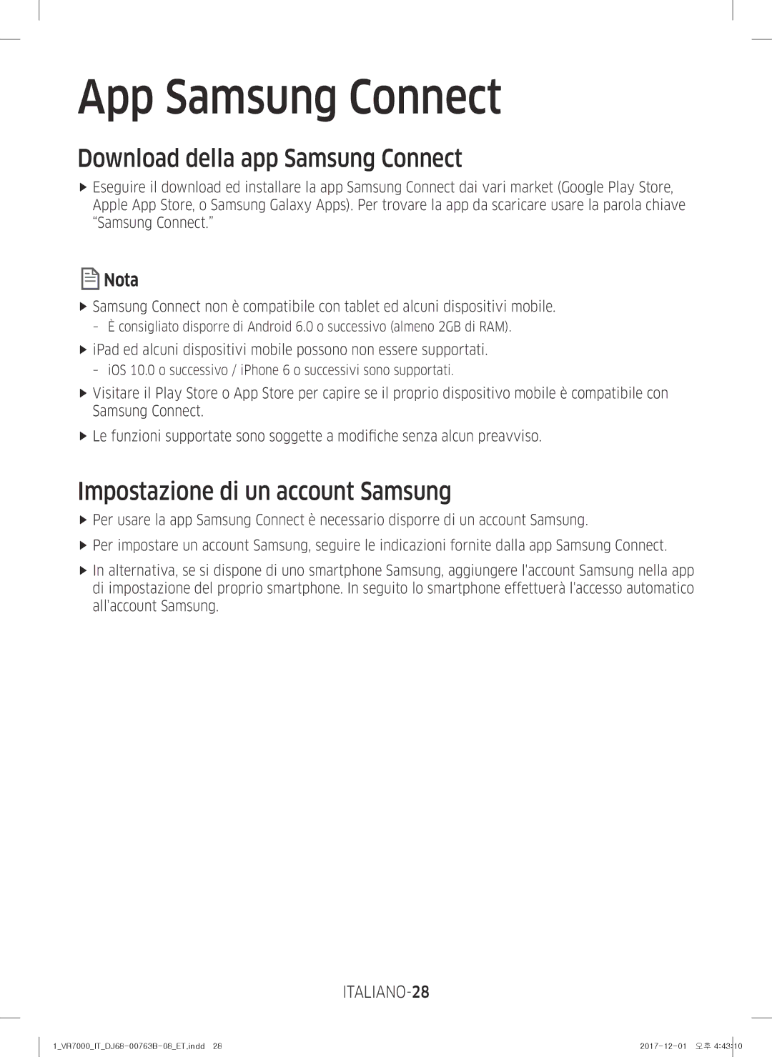 Samsung VR20M706TWD/ET, VR10M703IWG/ET Download della app Samsung Connect, Impostazione di un account Samsung, ITALIANO-28 