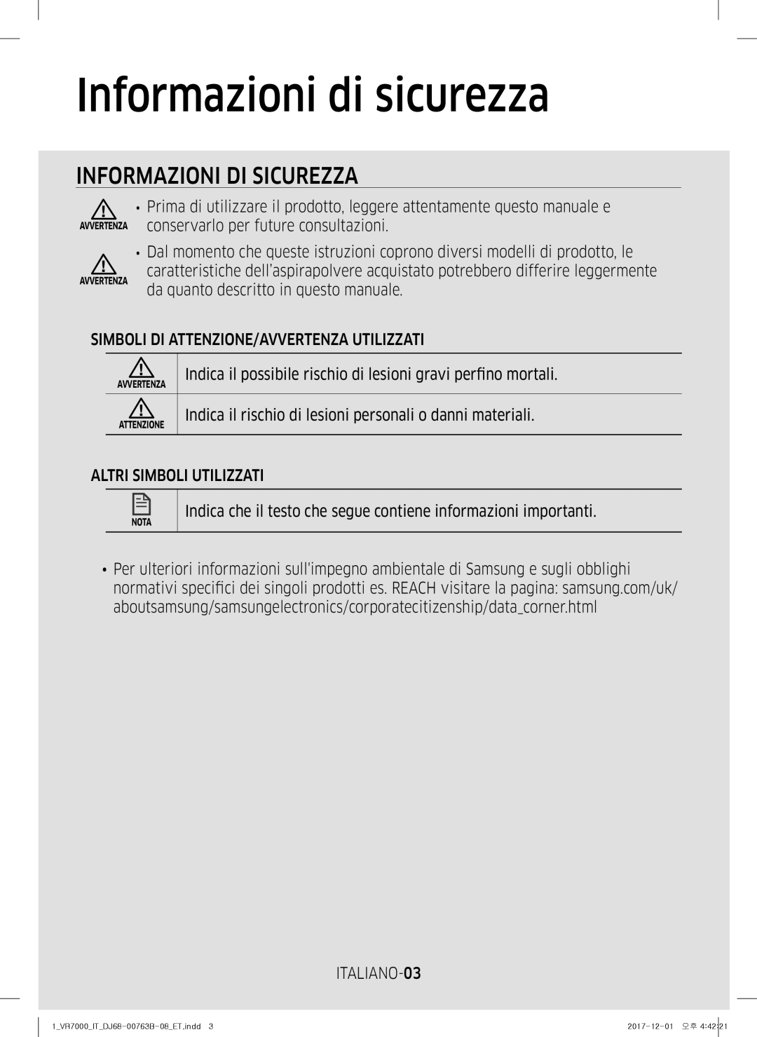 Samsung VR10M701TUG/ET Informazioni di sicurezza, Simboli DI ATTENZIONE/AVVERTENZA Utilizzati, Altri Simboli Utilizzati 