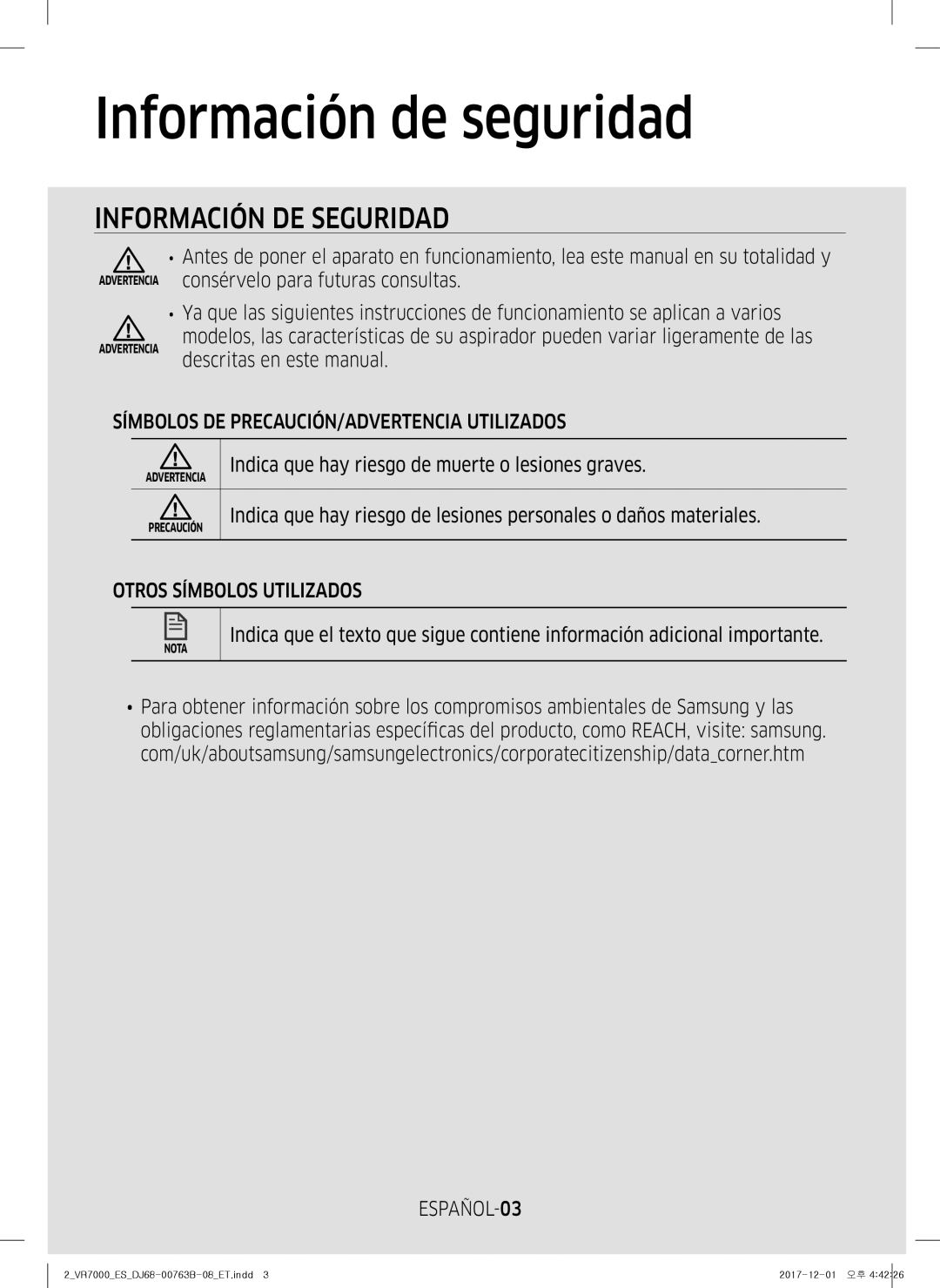 Samsung VR10M701TUG/ET Información de seguridad, Símbolos DE PRECAUCIÓN/ADVERTENCIA Utilizados, Otros Símbolos Utilizados 