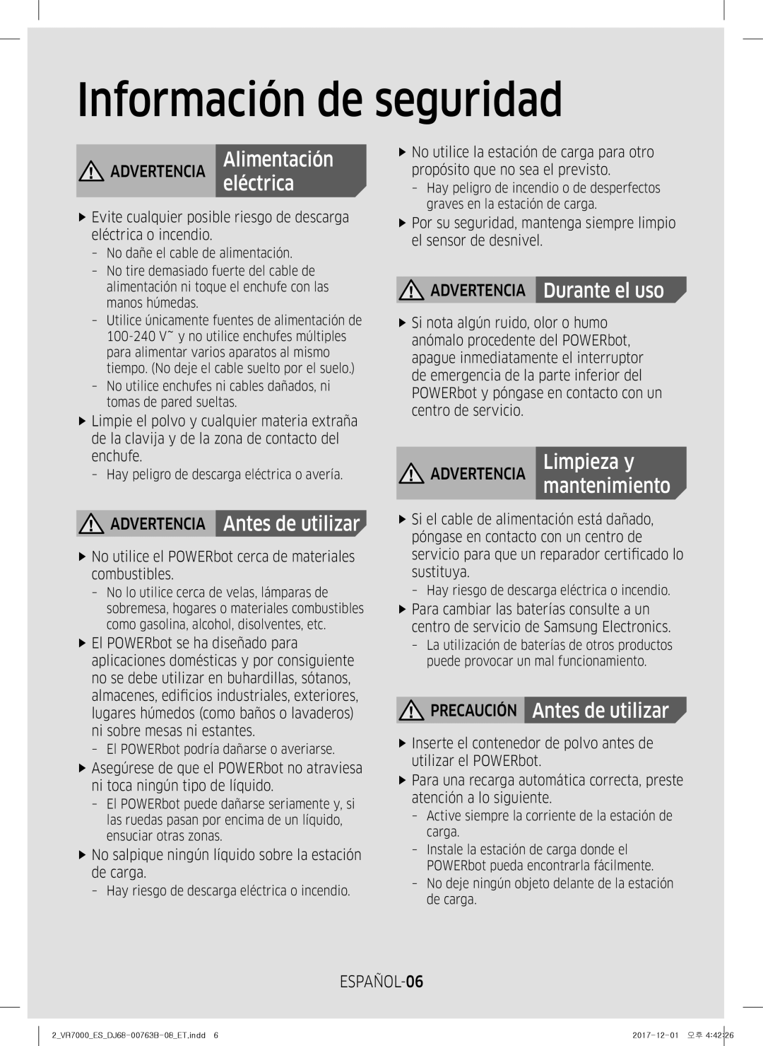 Samsung VR10M702TUB/ET manual Advertencia Antes de utilizar, Advertencia Durante el uso, Mantenimiento, ESPAÑOL-06 