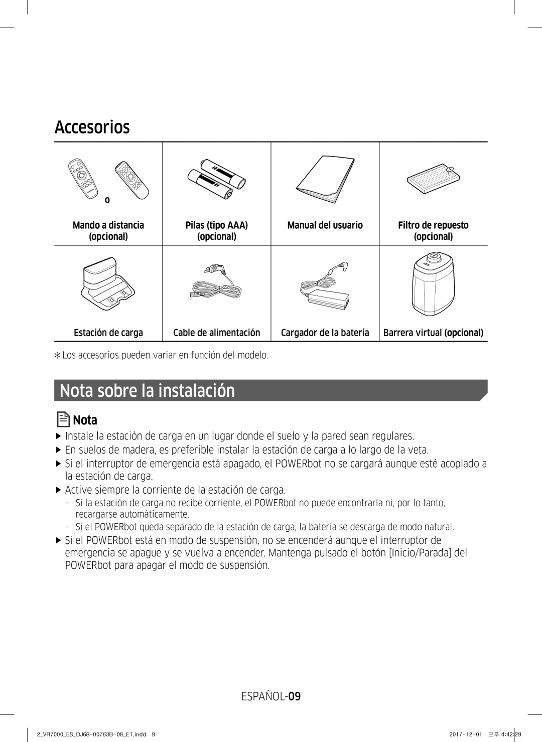 Samsung VR10M701IUW/ET, VR20M706TWD/ET, VR10M703IWG/ET, VR10M701TUG/ET Accesorios, Nota sobre la instalación, ESPAÑOL-09 