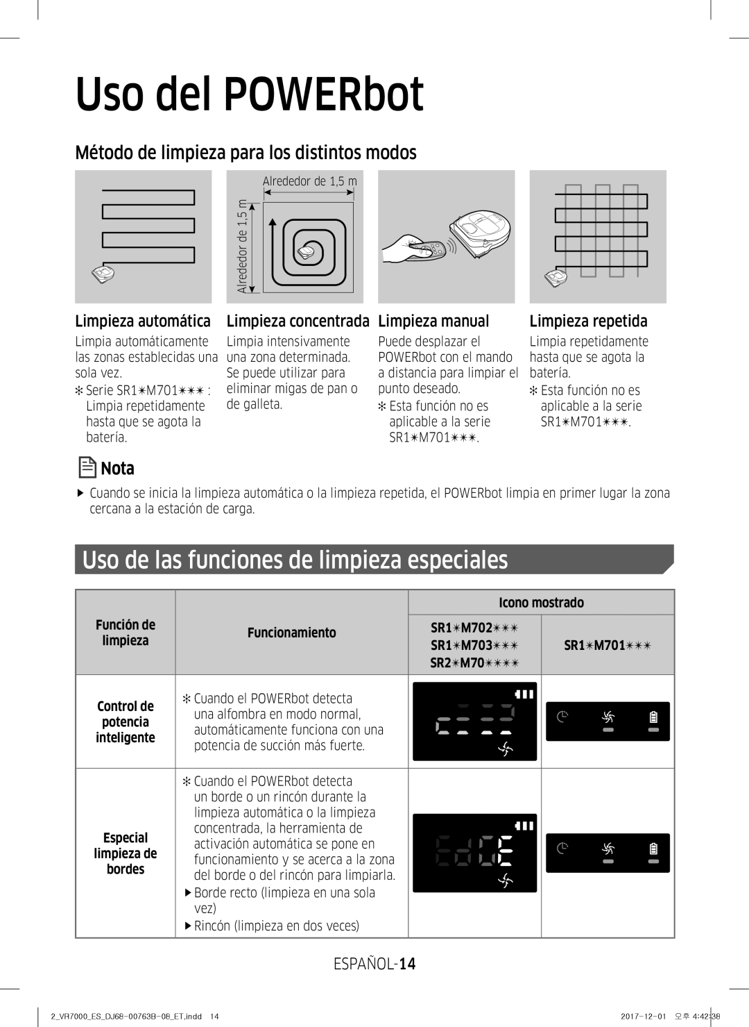 Samsung VR20M706TWD/ET Limpieza automática Limpieza concentrada Limpieza manual, ESPAÑOL-14, Limpieza repetida 