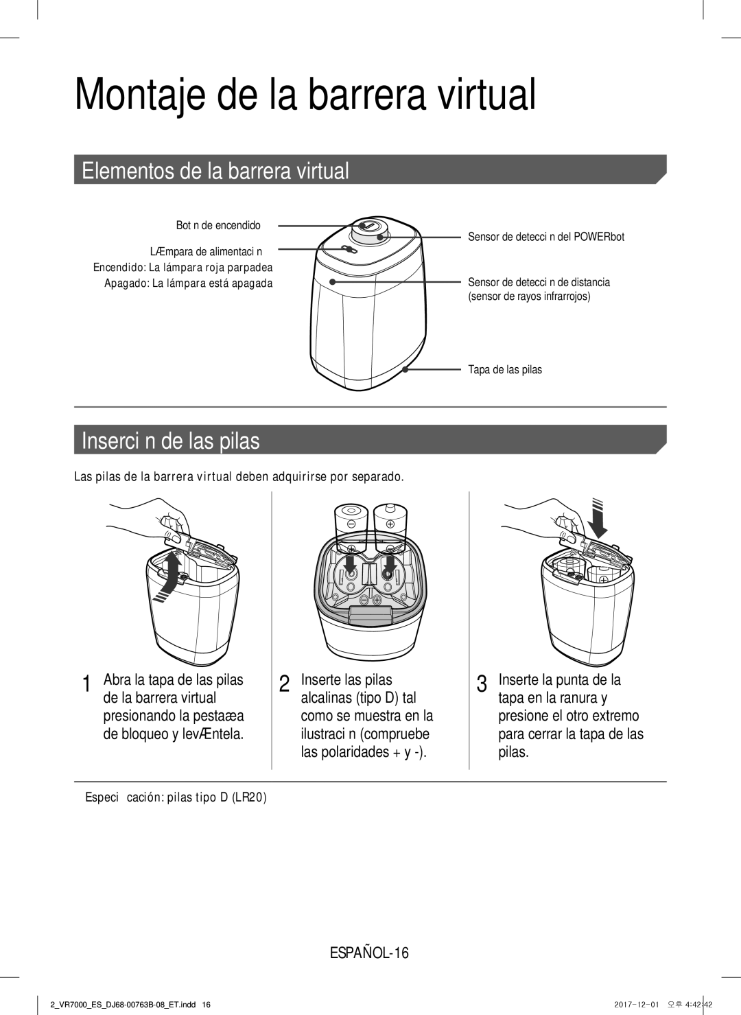 Samsung VR10M701IUW/ET, VR20M706TWD/ET, VR10M703IWG/ET Elementos de la barrera virtual, Inserción de las pilas, ESPAÑOL-16 