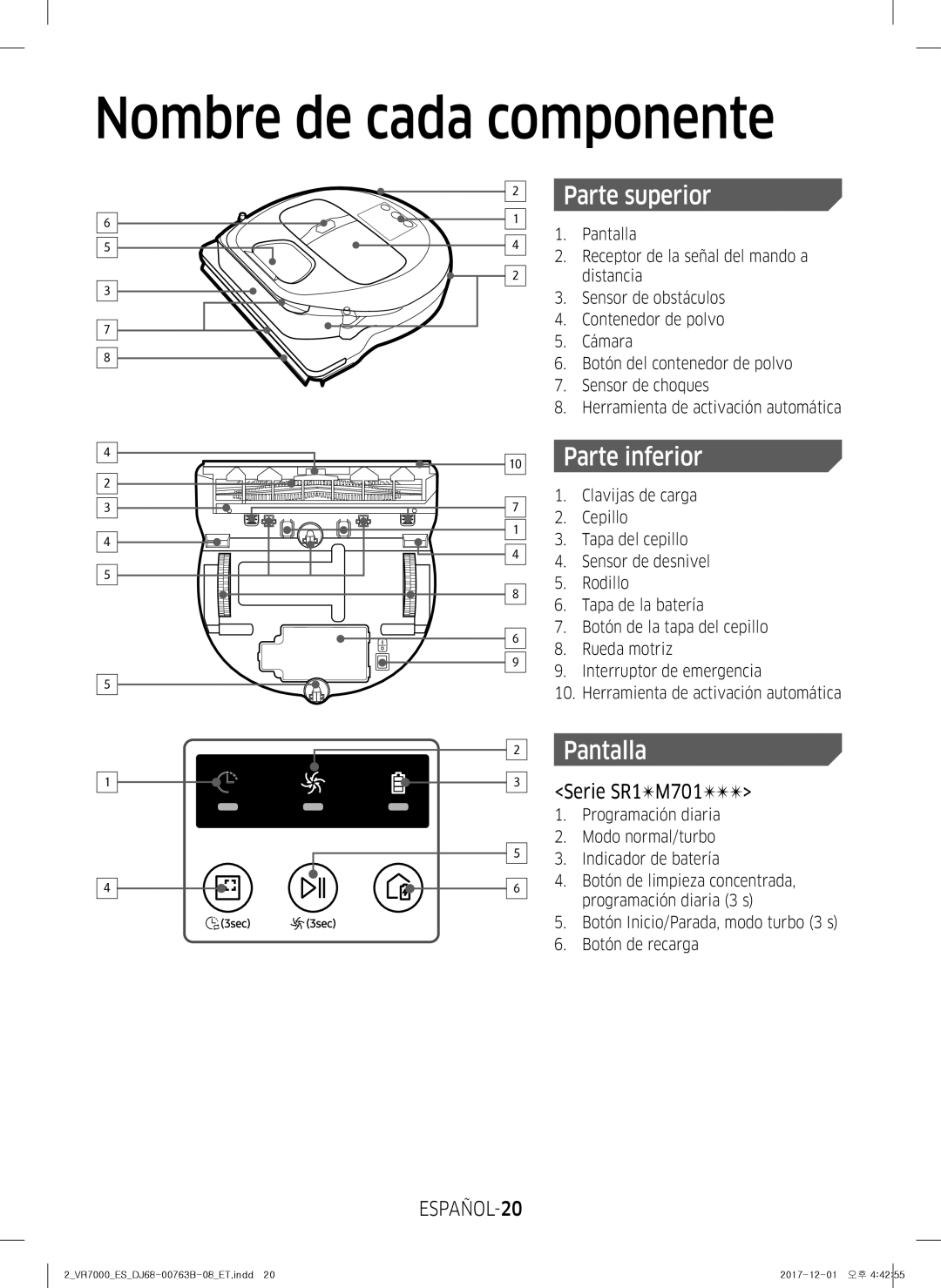 Samsung VR10M702TUB/ET, VR20M706TWD/ET Nombre de cada componente, Parte superior, Parte inferior, Pantalla, ESPAÑOL-20 