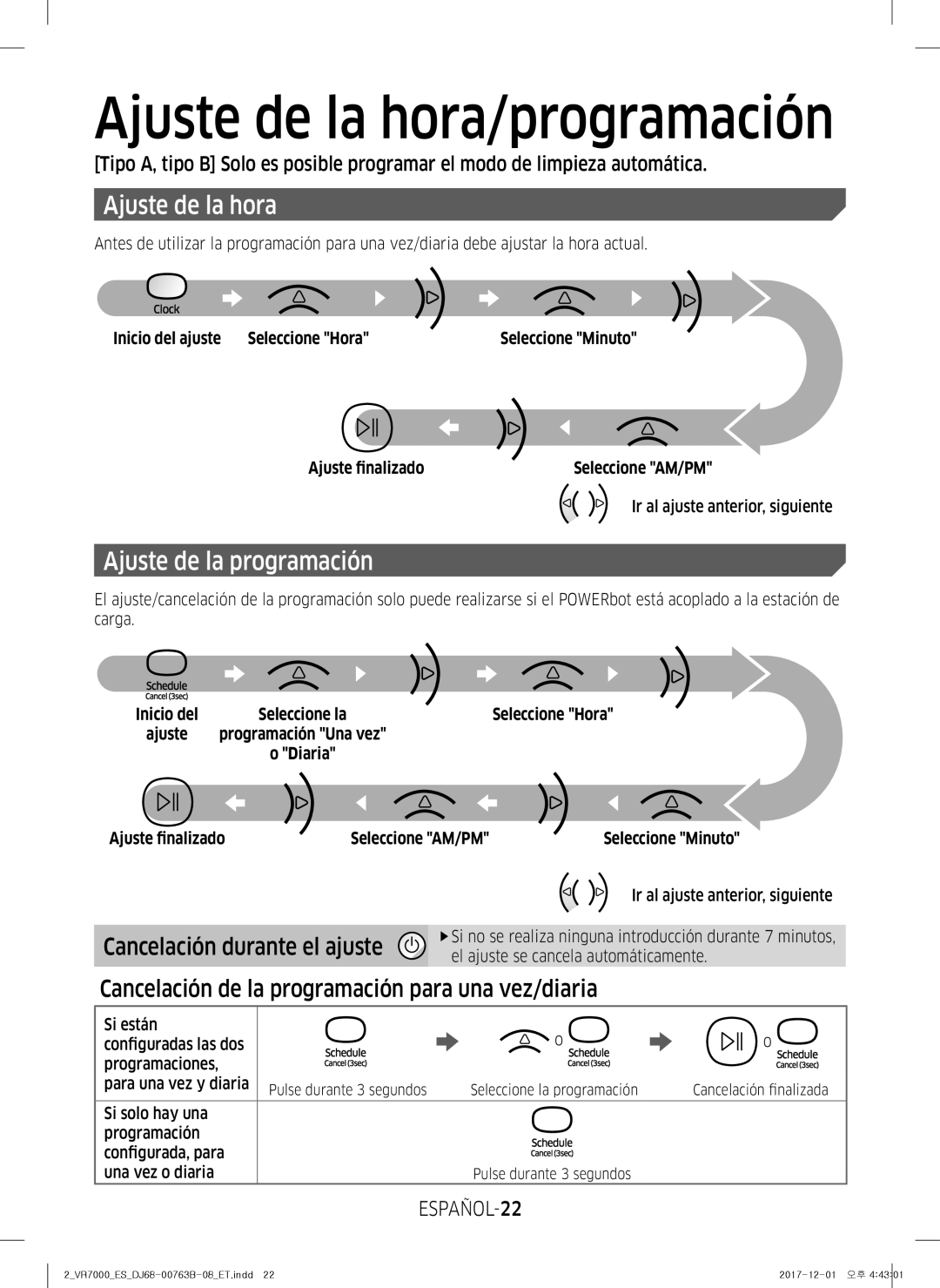 Samsung VR10M703IWG/ET manual Ajuste de la hora/programación, Ajuste de la programación, Cancelación durante el ajuste 