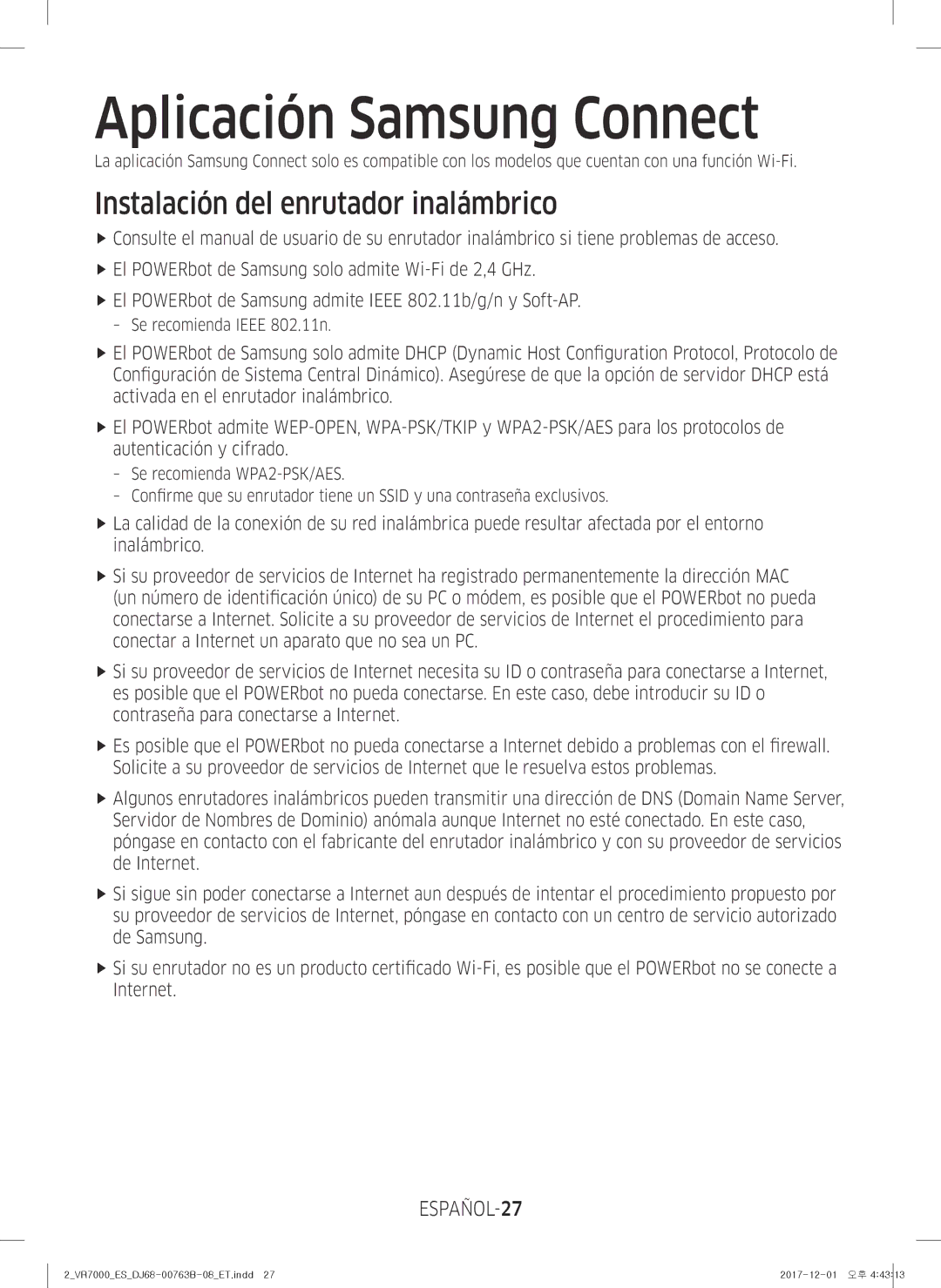 Samsung VR10M702TUB/ET, VR20M706TWD/ET manual Aplicación Samsung Connect, Instalación del enrutador inalámbrico, ESPAÑOL-27 