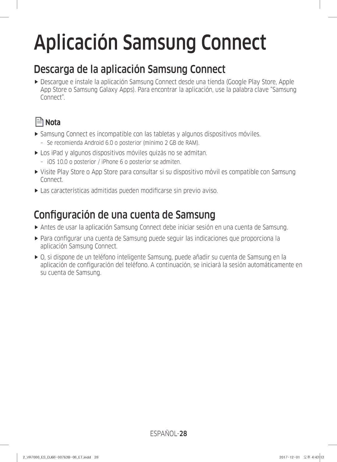 Samsung VR20M706TWD/ET manual Descarga de la aplicación Samsung Connect, Configuración de una cuenta de Samsung, ESPAÑOL-28 