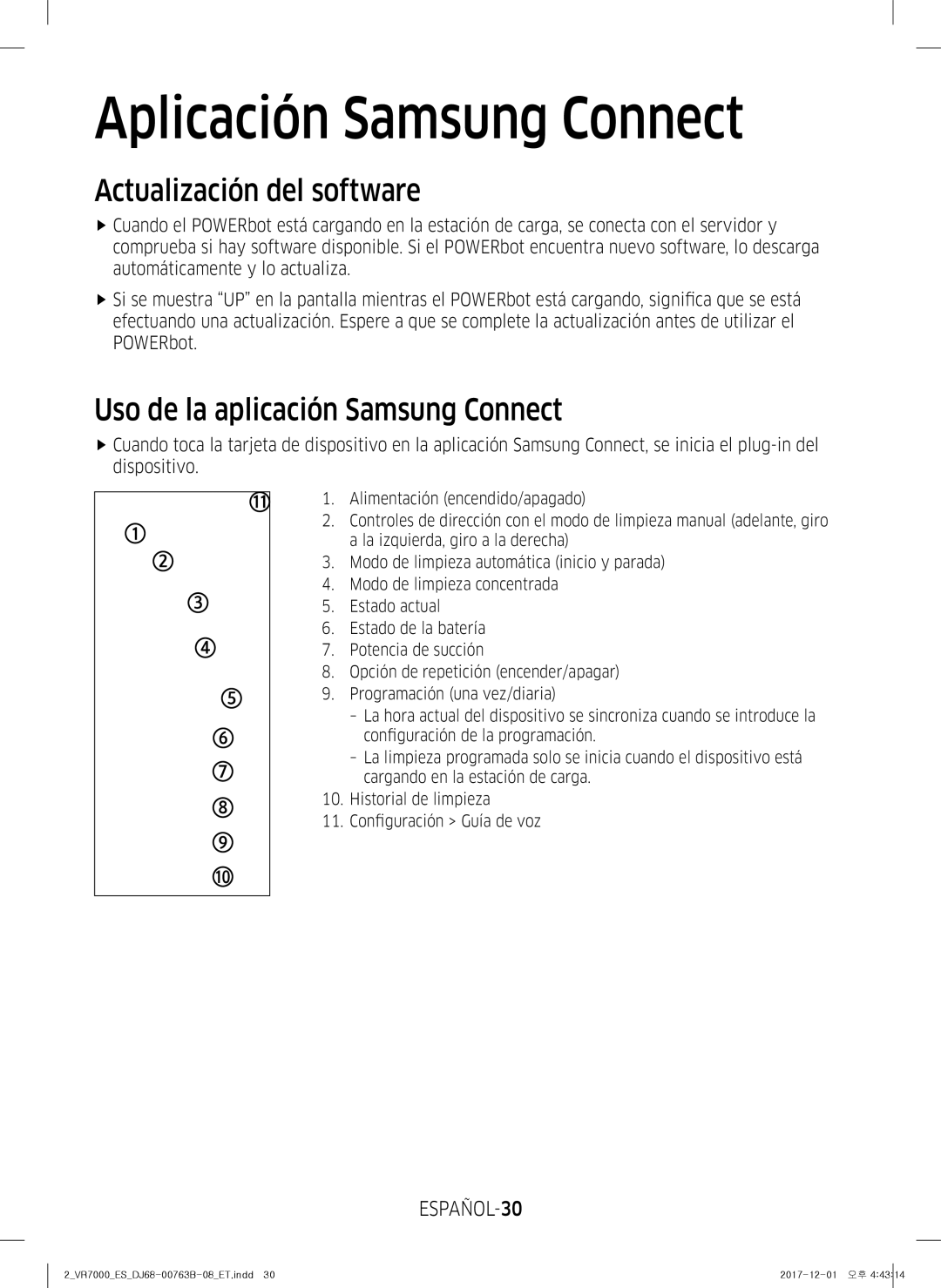 Samsung VR10M701IUW/ET, VR20M706TWD/ET manual Actualización del software, Uso de la aplicación Samsung Connect, ESPAÑOL-30 