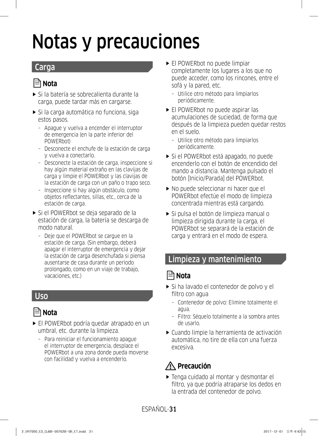 Samsung VR10M701TUG/ET, VR20M706TWD/ET, VR10M703IWG/ET Notas y precauciones, Carga, Limpieza y mantenimiento, ESPAÑOL-31 