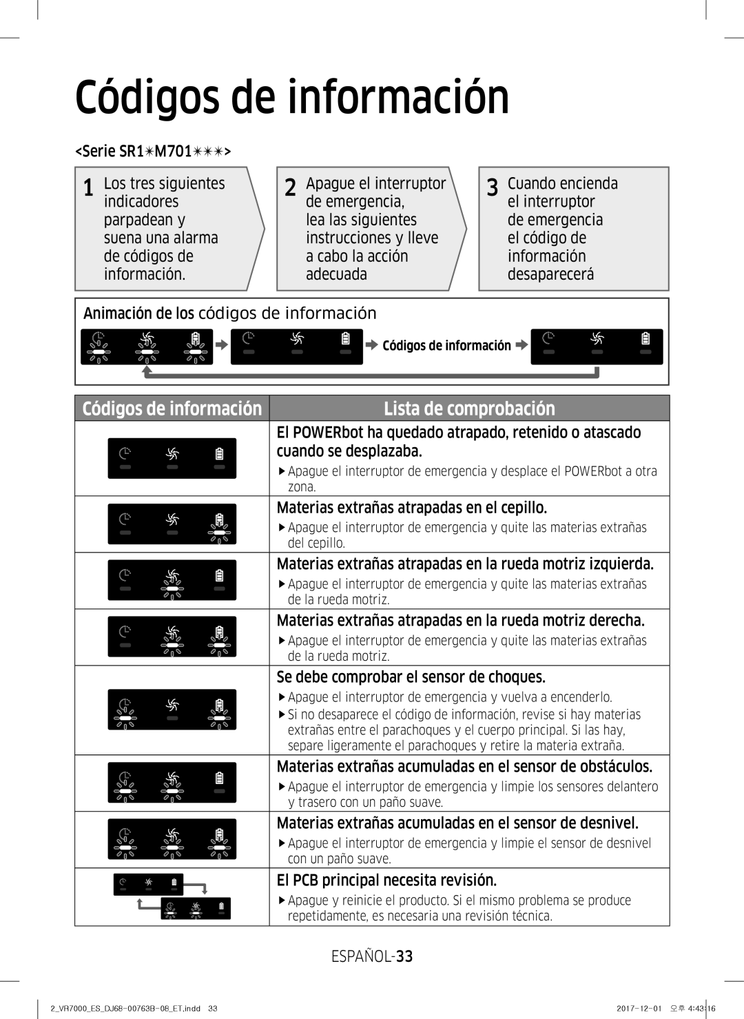 Samsung VR20M707IWS/ET, VR20M706TWD/ET, VR10M703IWG/ET, VR10M701IUW/ET, VR10M701TUG/ET Códigos de información, ESPAÑOL-33 