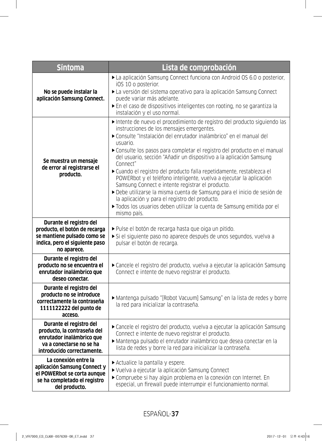 Samsung VR10M701IUW/ET, VR20M706TWD/ET, VR10M703IWG/ET, VR10M701TUG/ET, VR2DM704IUU/ET, VR20M707IWS/ET manual ESPAÑOL-37 