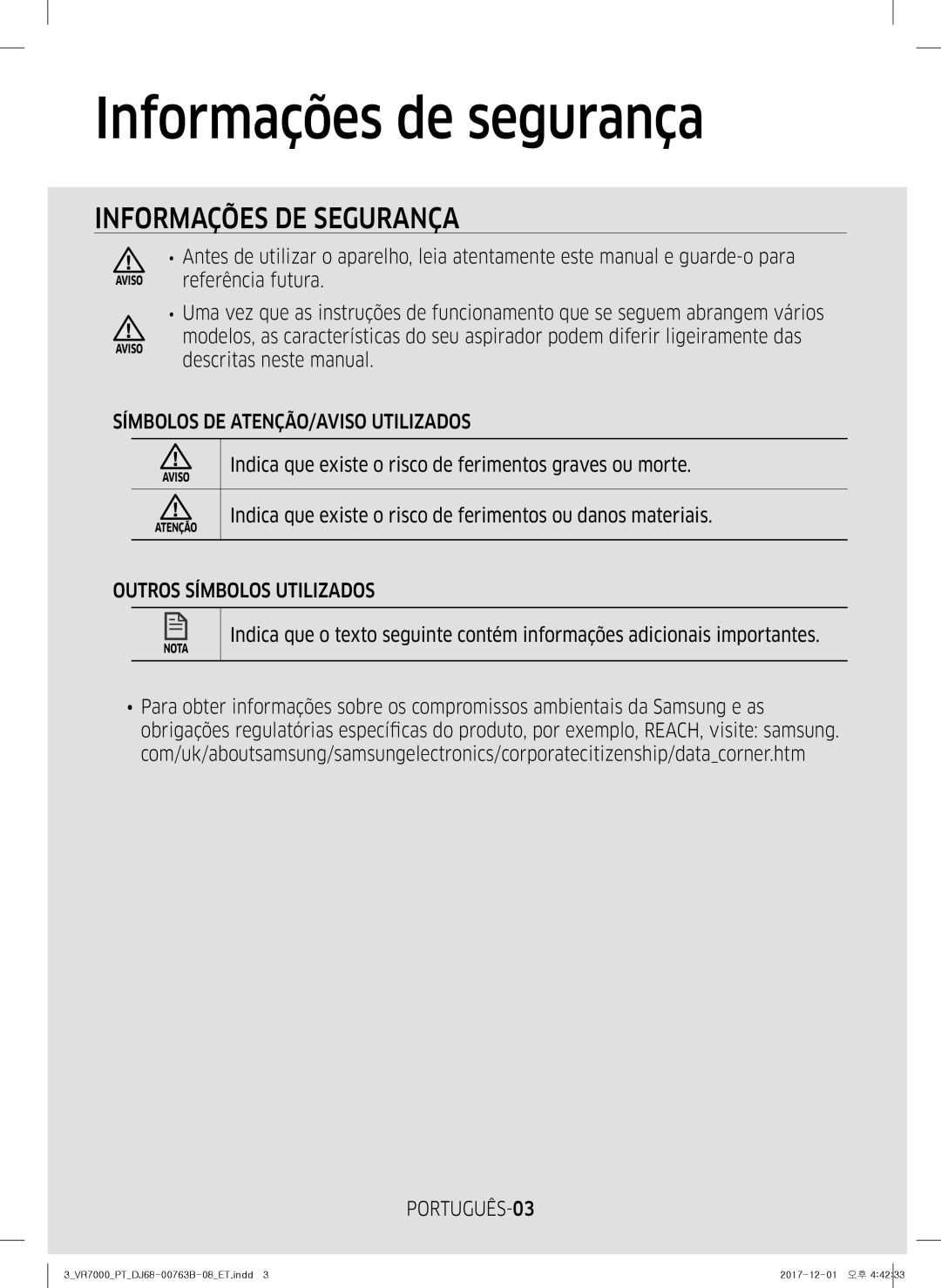 Samsung VR10M701TUG/ET manual Informações de segurança, Símbolos DE ATENÇÃO/AVISO Utilizados, Outros Símbolos Utilizados 