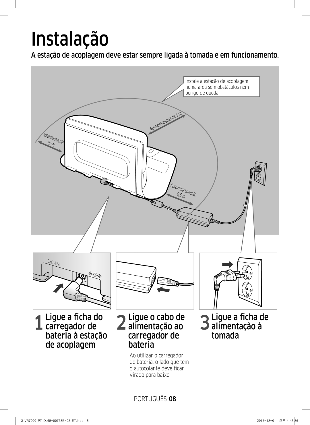 Samsung VR10M703IWG/ET, VR20M706TWD/ET, VR10M701IUW/ET manual Instalação, Ligue a ficha de, PORTUGUÊS-08, Aproximadamente0,5m 