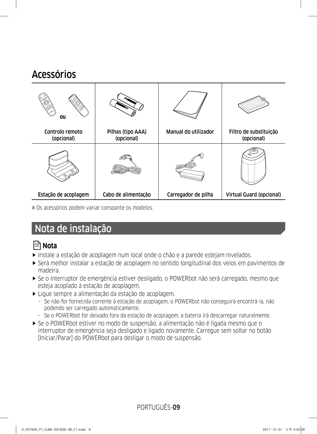 Samsung VR10M701IUW/ET, VR20M706TWD/ET, VR10M703IWG/ET, VR10M701TUG/ET manual Acessórios, Nota de instalação, PORTUGUÊS-09 