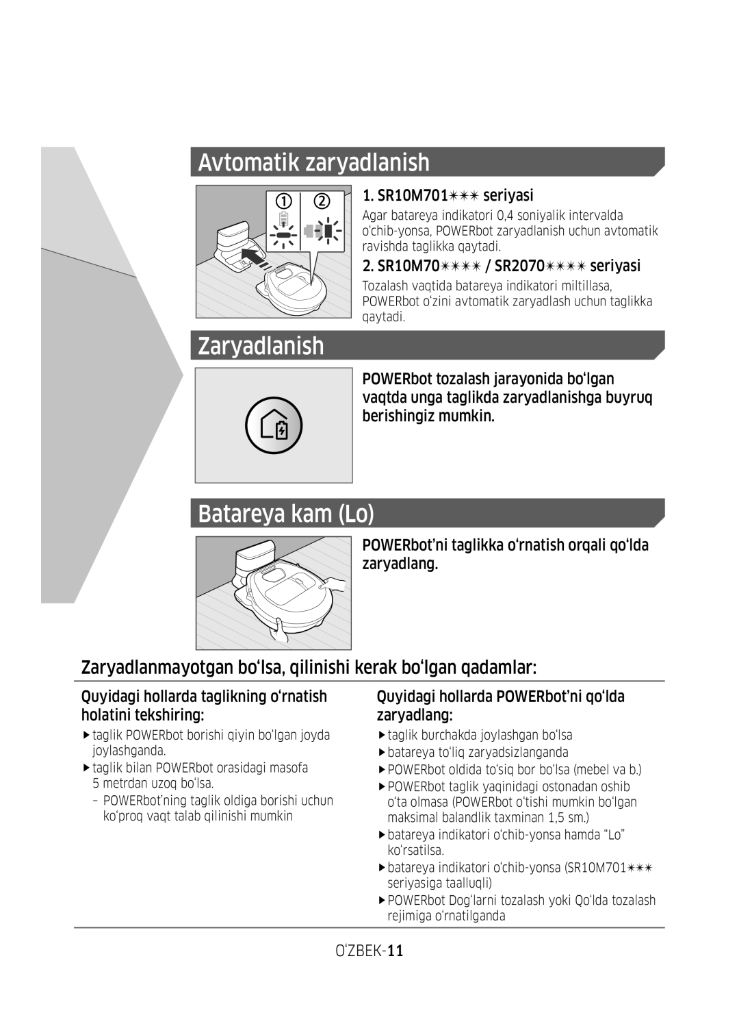 Samsung VR20M7070WD/EV, VR20M7070WS/EV, VR10M7010UW/EV, VR10M7030WW/EV, VR10M7030WG/EV manual Avtomatik zaryadlanish, ‘ZBEK-11 